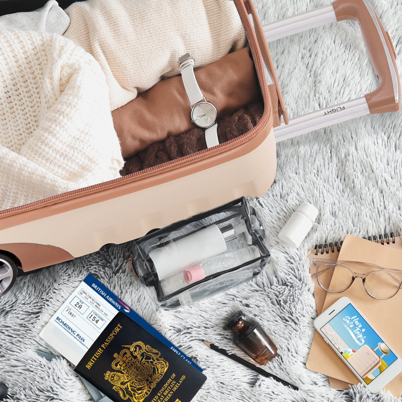45x36x20cm Cabin Carry On Luggage with Medium Case and Large Size Check-in Hold Suitcase | Cabin | Cream