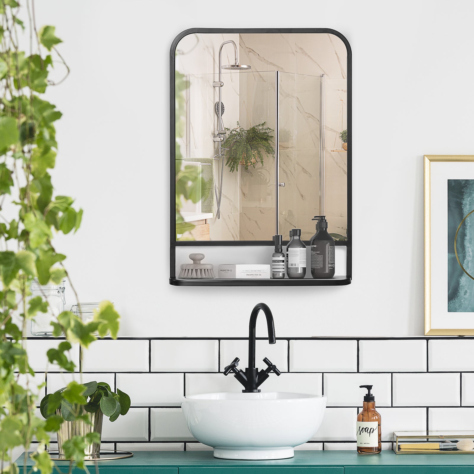 Rectangle Wall Mirror With Shelf 70 X 50/86 X 53cm | Medium | Black