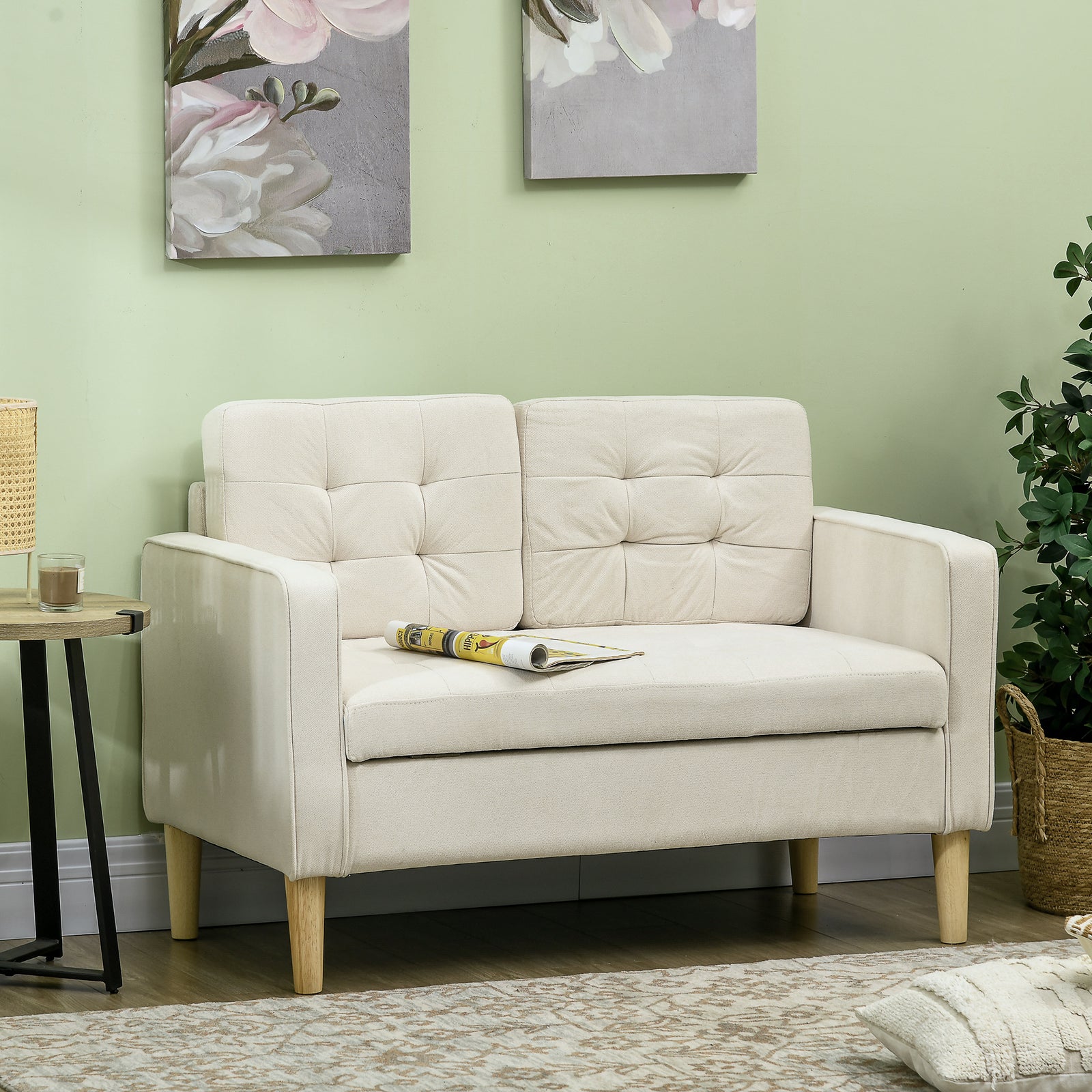 Compact Loveseat 2 Seater Sofa With Storage Wood Legs | One Size | Cream