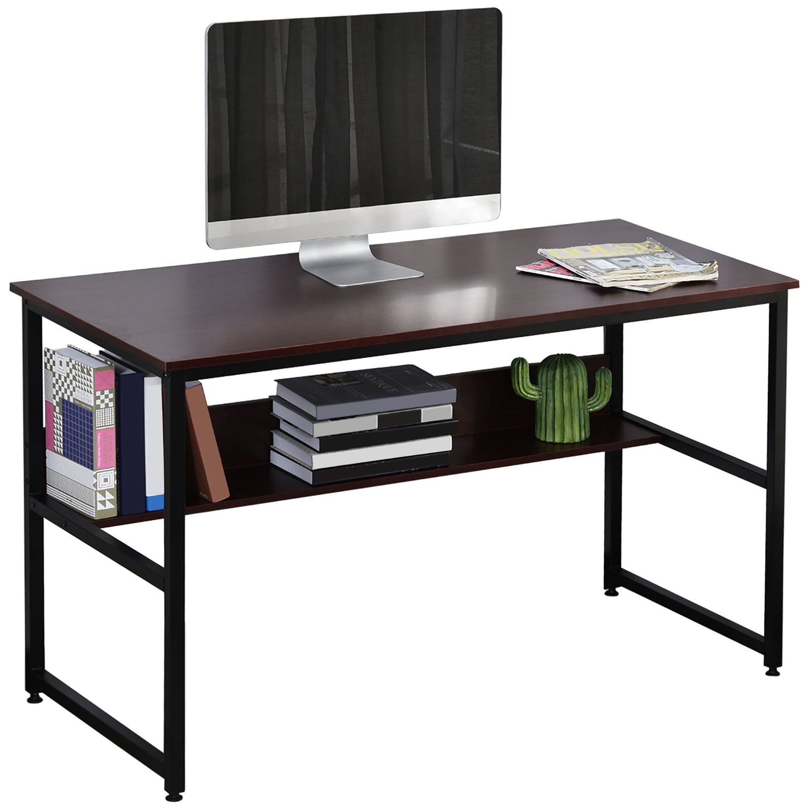 Two-tier Writing Desk Metal Frame Smooth Shelves W/ Shelf | Brown