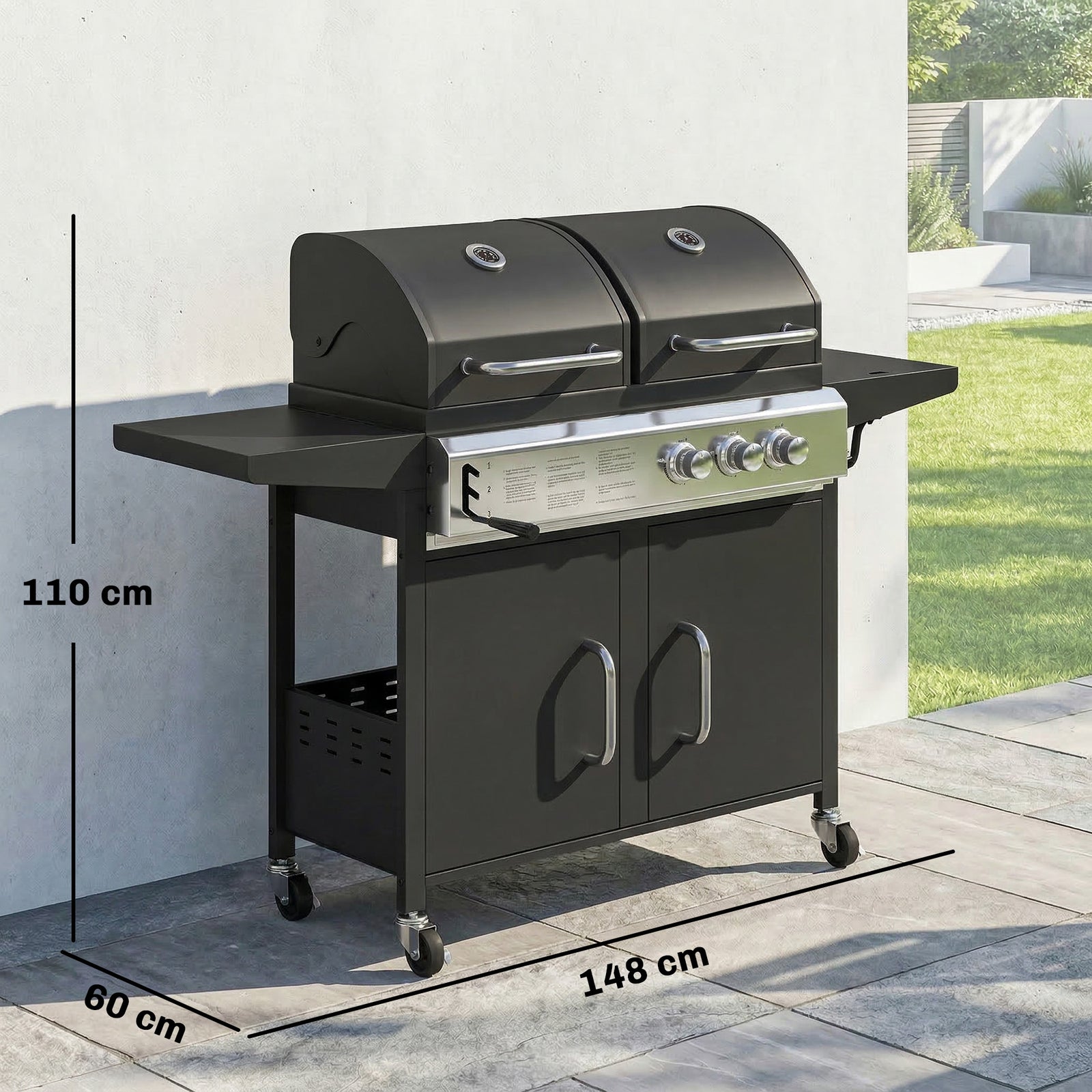 3 Burner Hybrid Dual Fuel Bbq Gas Grill With Side Burner, Black