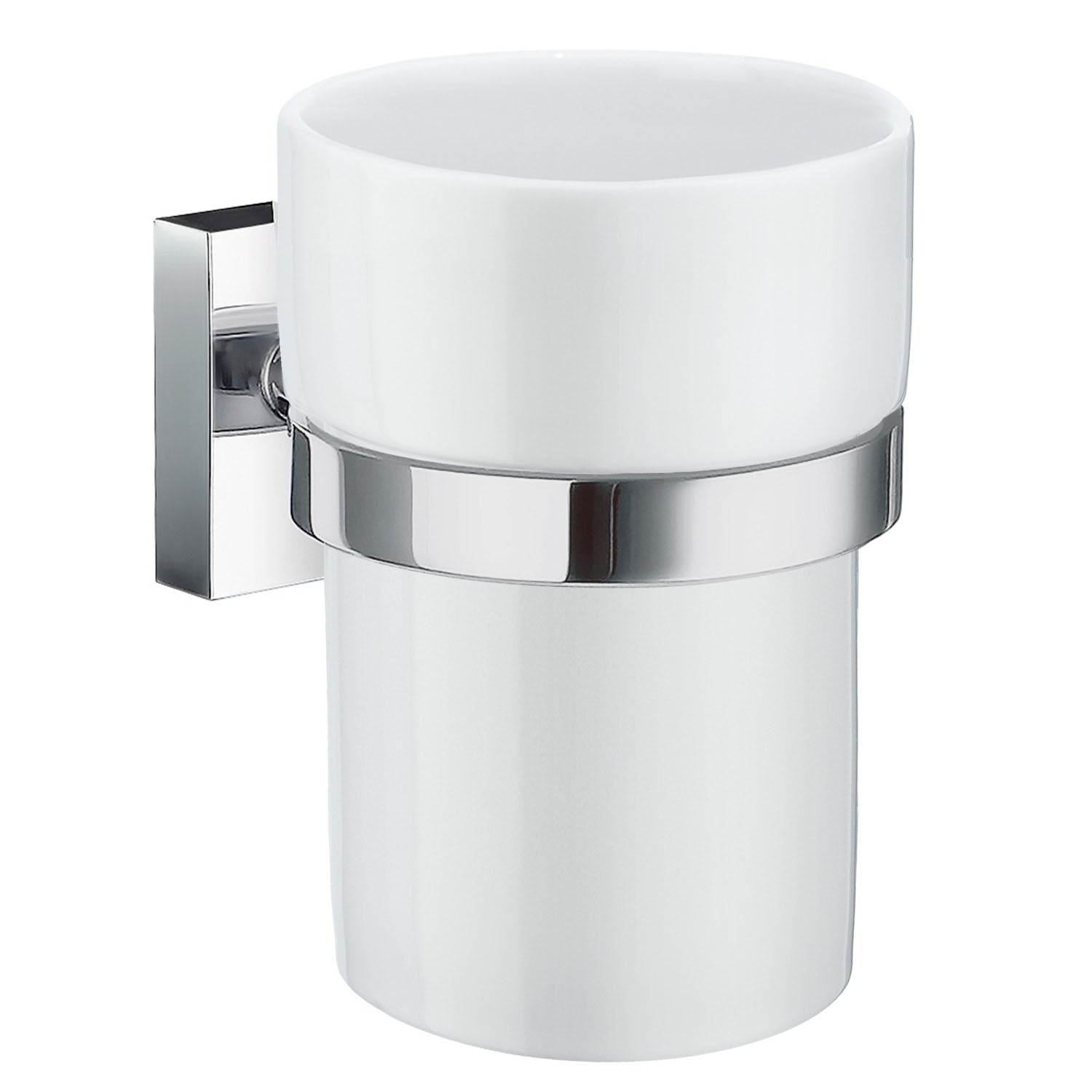 Porcelain Tumbler With Non Rust Brass Wall Mount Holder | Polished Chrome