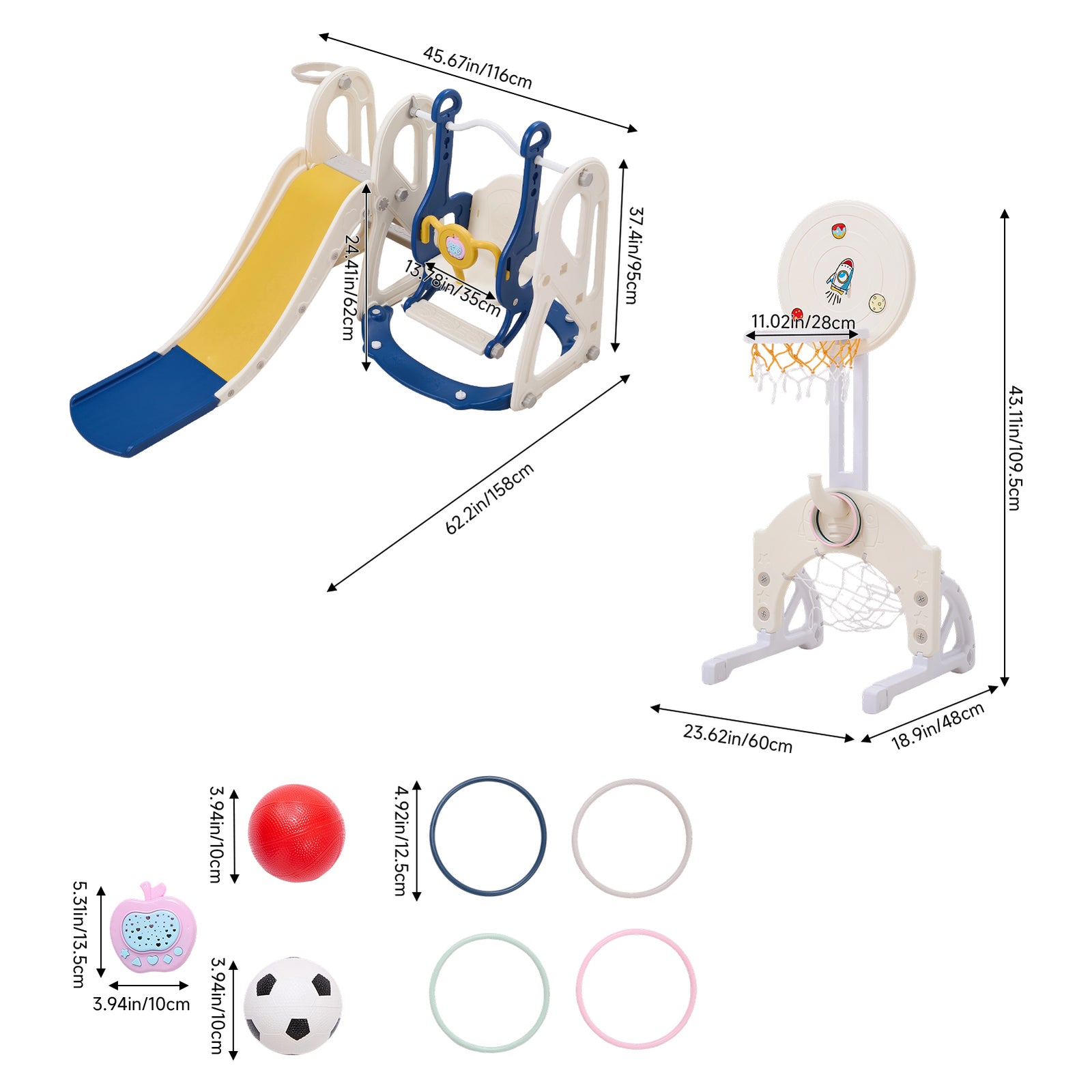 Breeins 6-in-1 Kids Slide & Swing Set With Adjustable Basketball Hoop