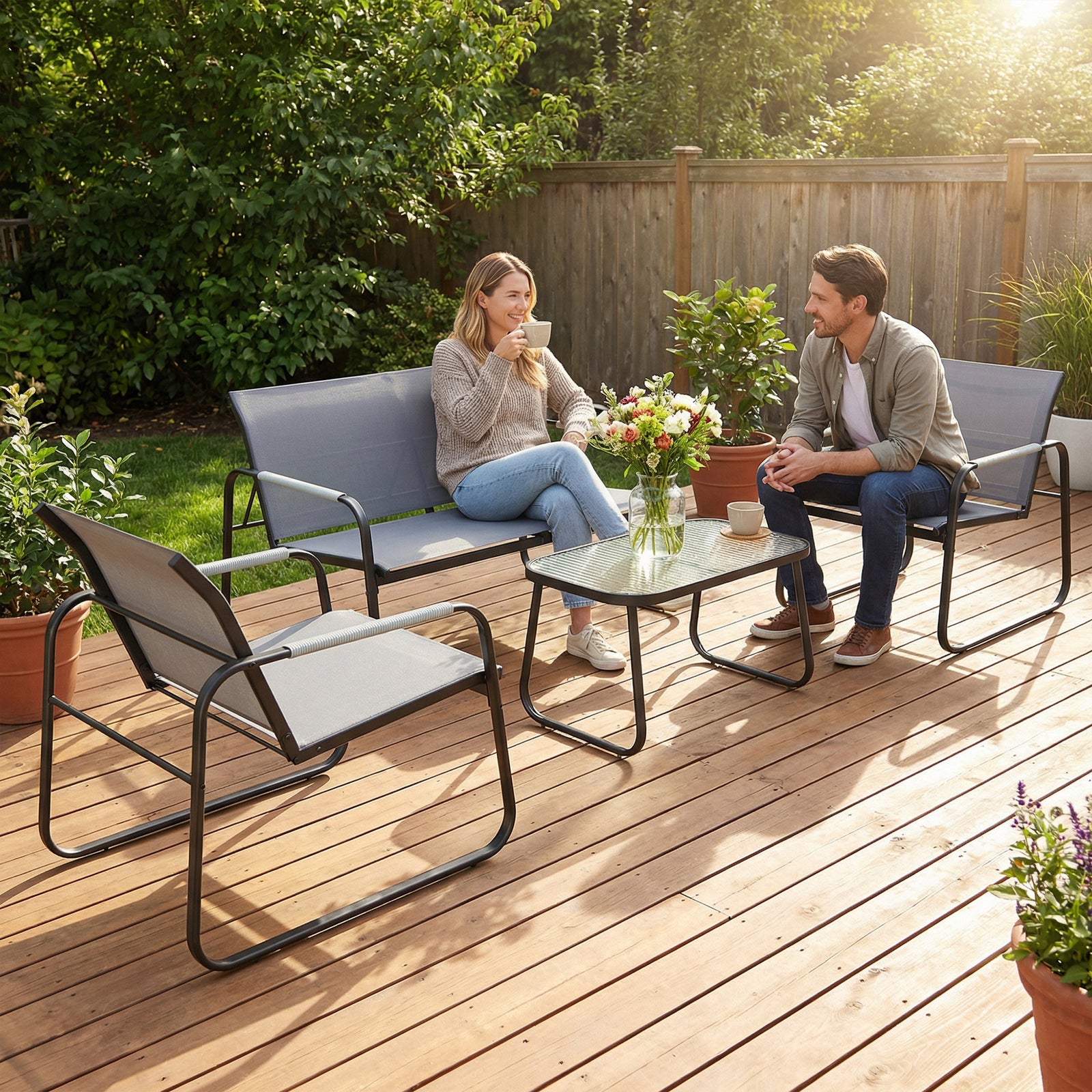 Outsunny Garden Sofa Set With Loveseat, 2 Armchairs, Tempered Glass Table