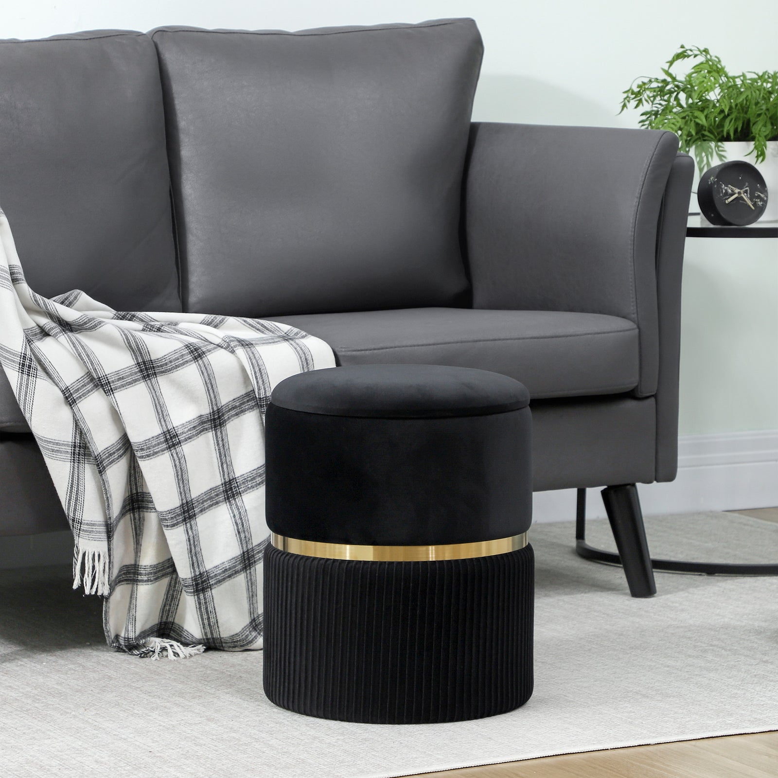 Round Pouffe Storage Footstool With Hidden Space | Black