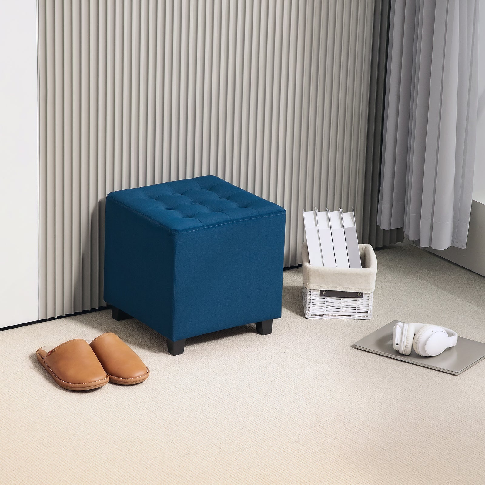 Square Footstool Small Ottoman With Wood Legs For Bedroom | One Size | Blue