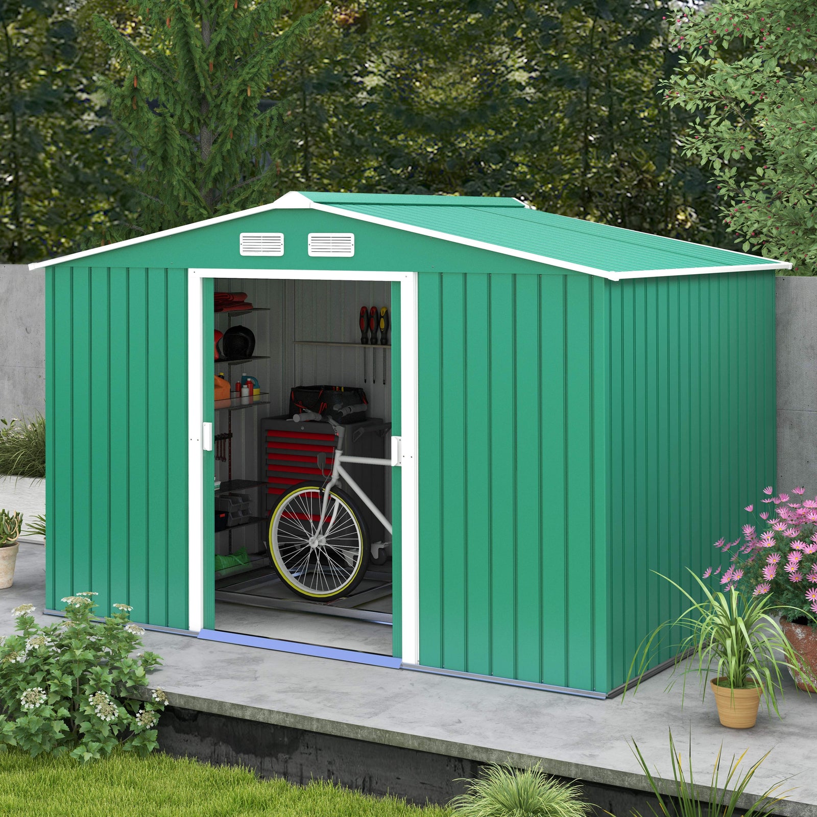 Garden Shed Storage Unit With Locking Door Floor Foundation | Medium | Green