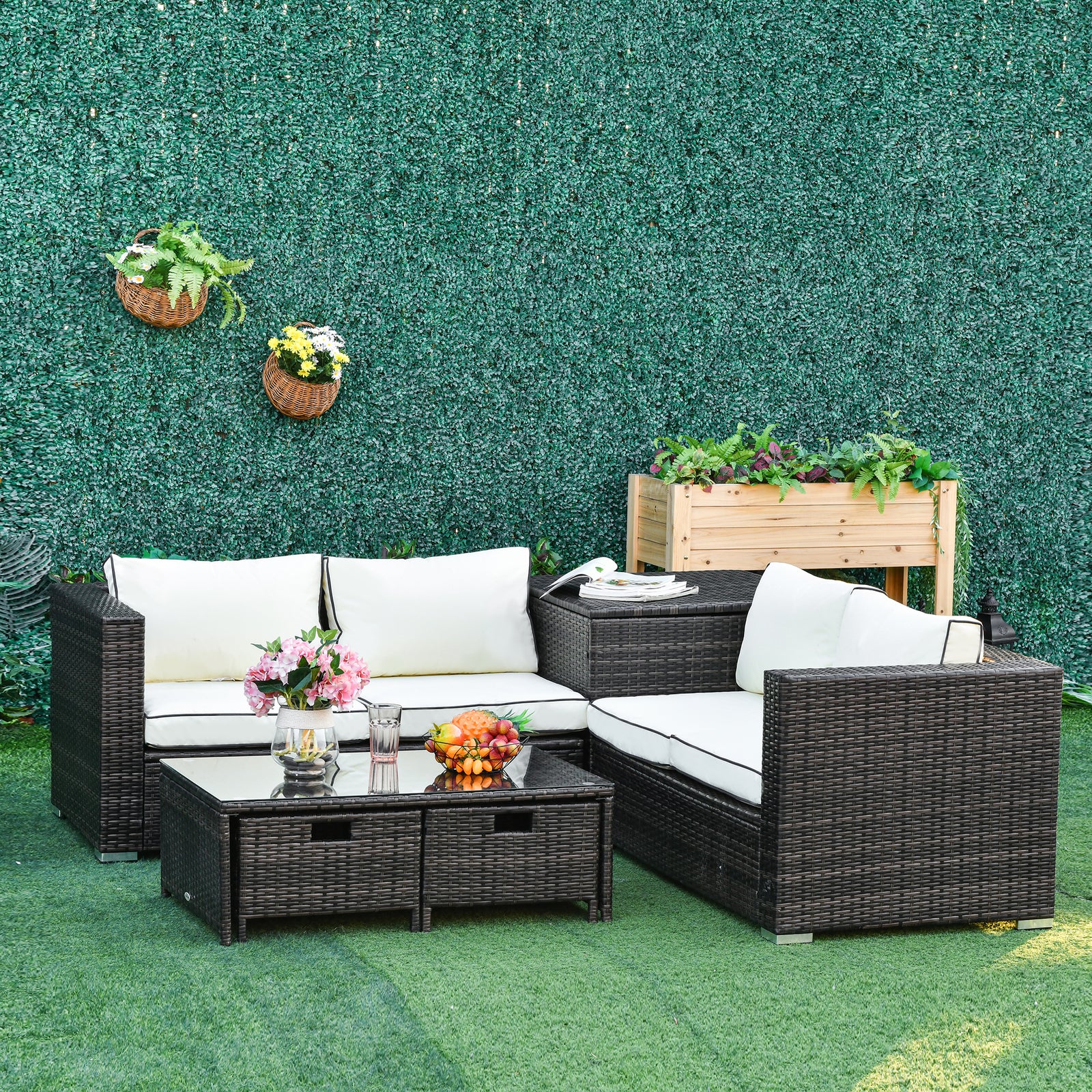 Outsunny 4pcs Rattan Garden Furniture, Patio Sofa Storage & Table Set
