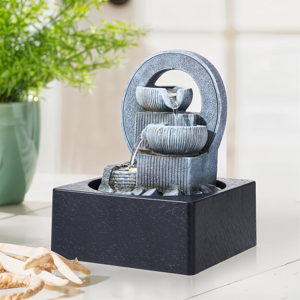 Tabletop Waterfall Fountain With Circular Frame And Tiered Bowls For Meditation Decor