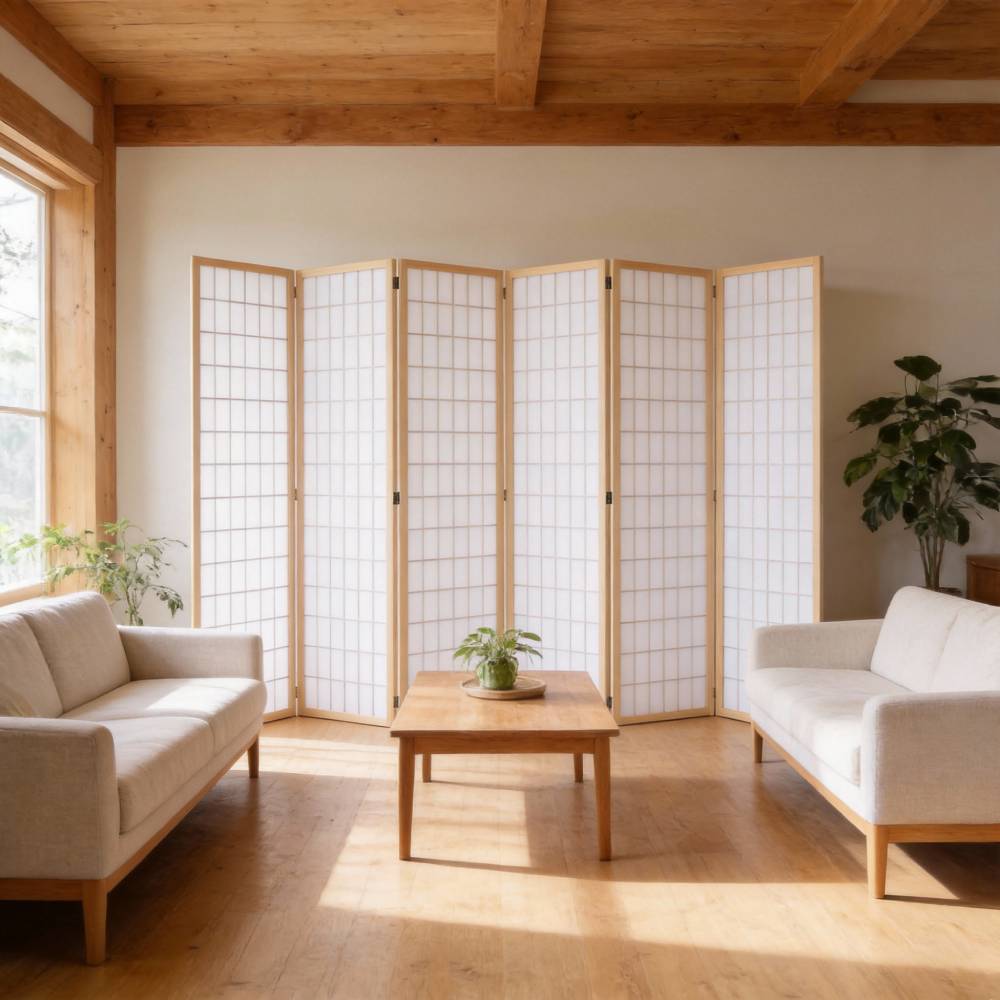 6-panel Freestanding Room Divider – Pine Wood Lattice Design | Natural