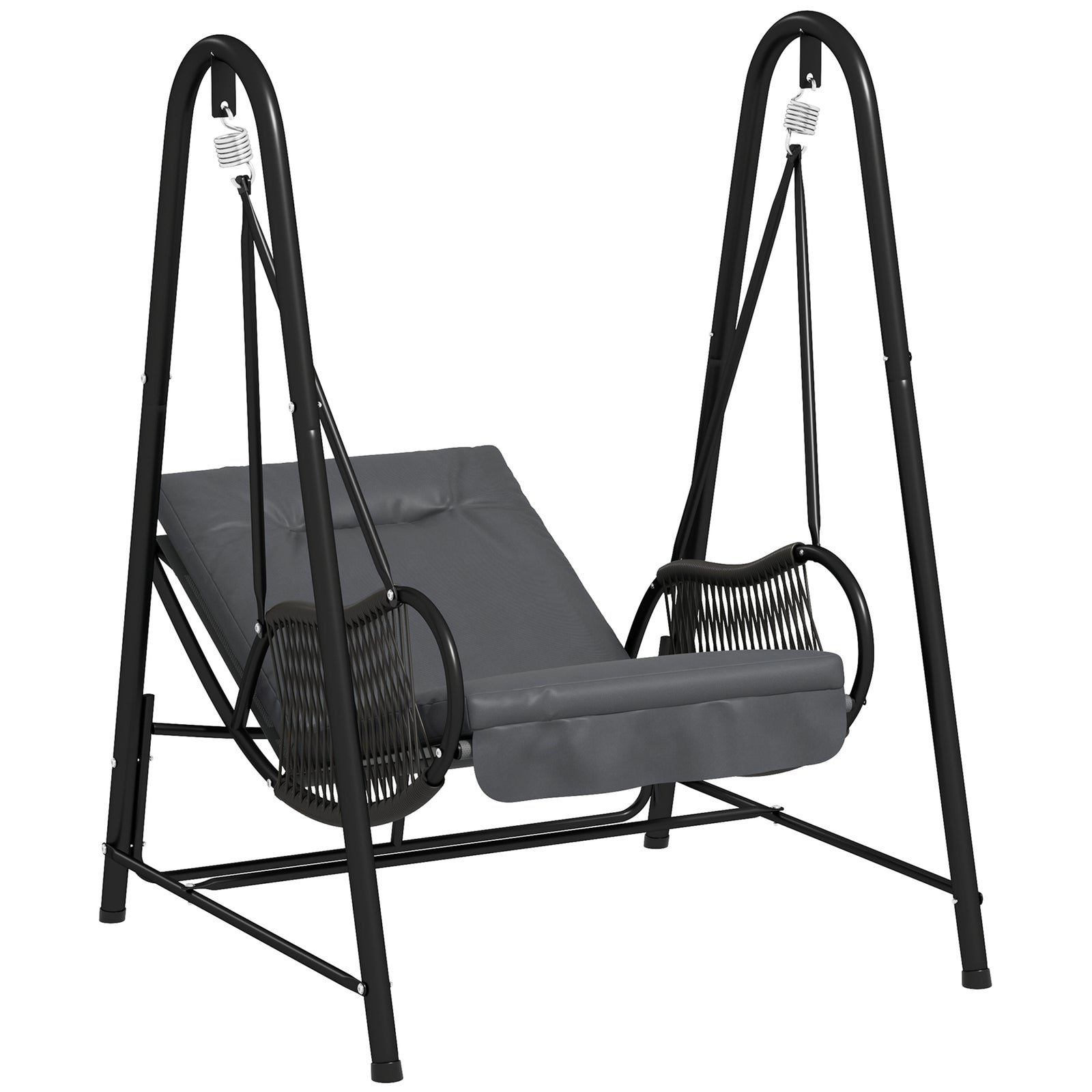 Rattan Swing Chair With Stand And Seat Cushion | Dark Gray