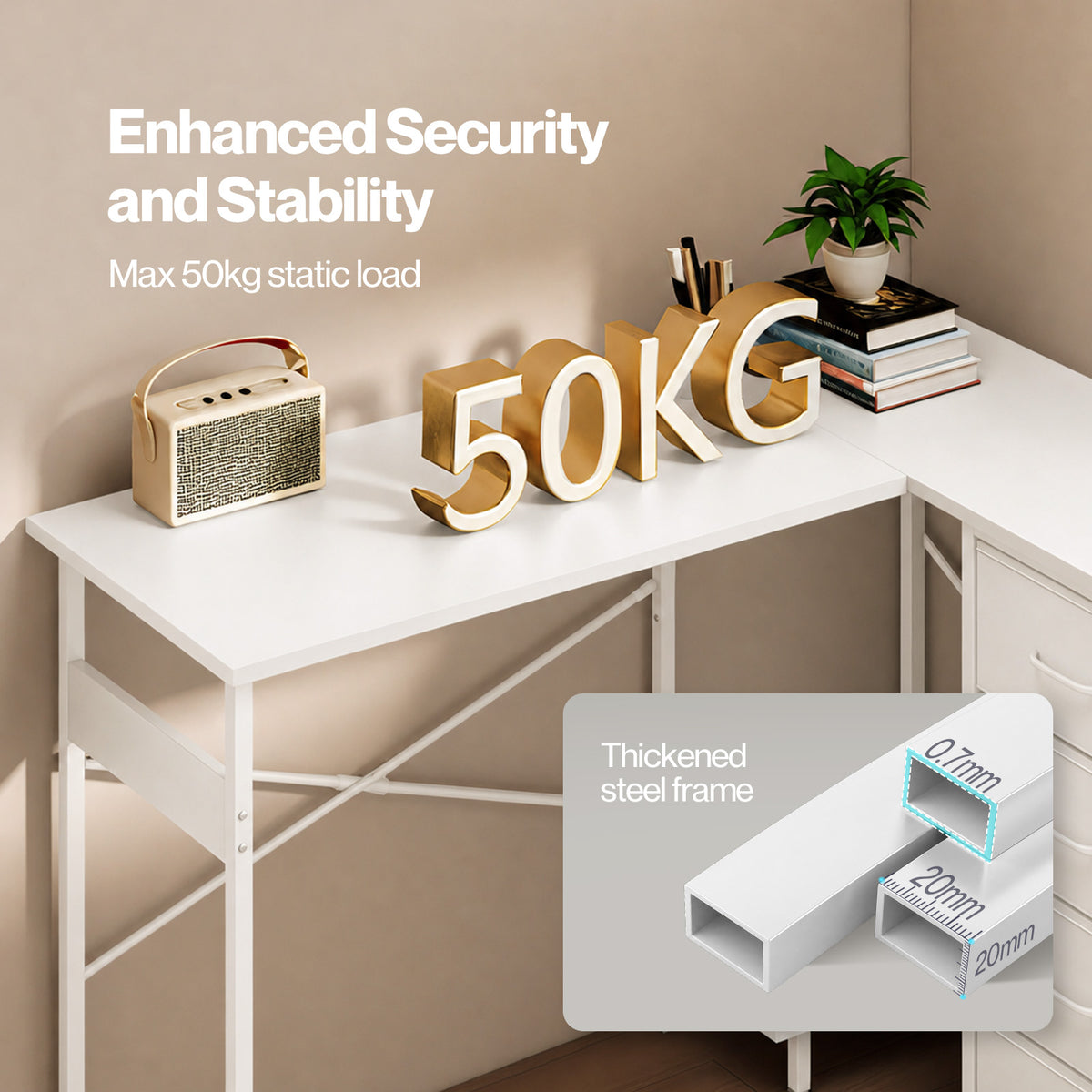 Corner Desk L Shaped With Drawers Power Outlet Office Gaming Wood White | White