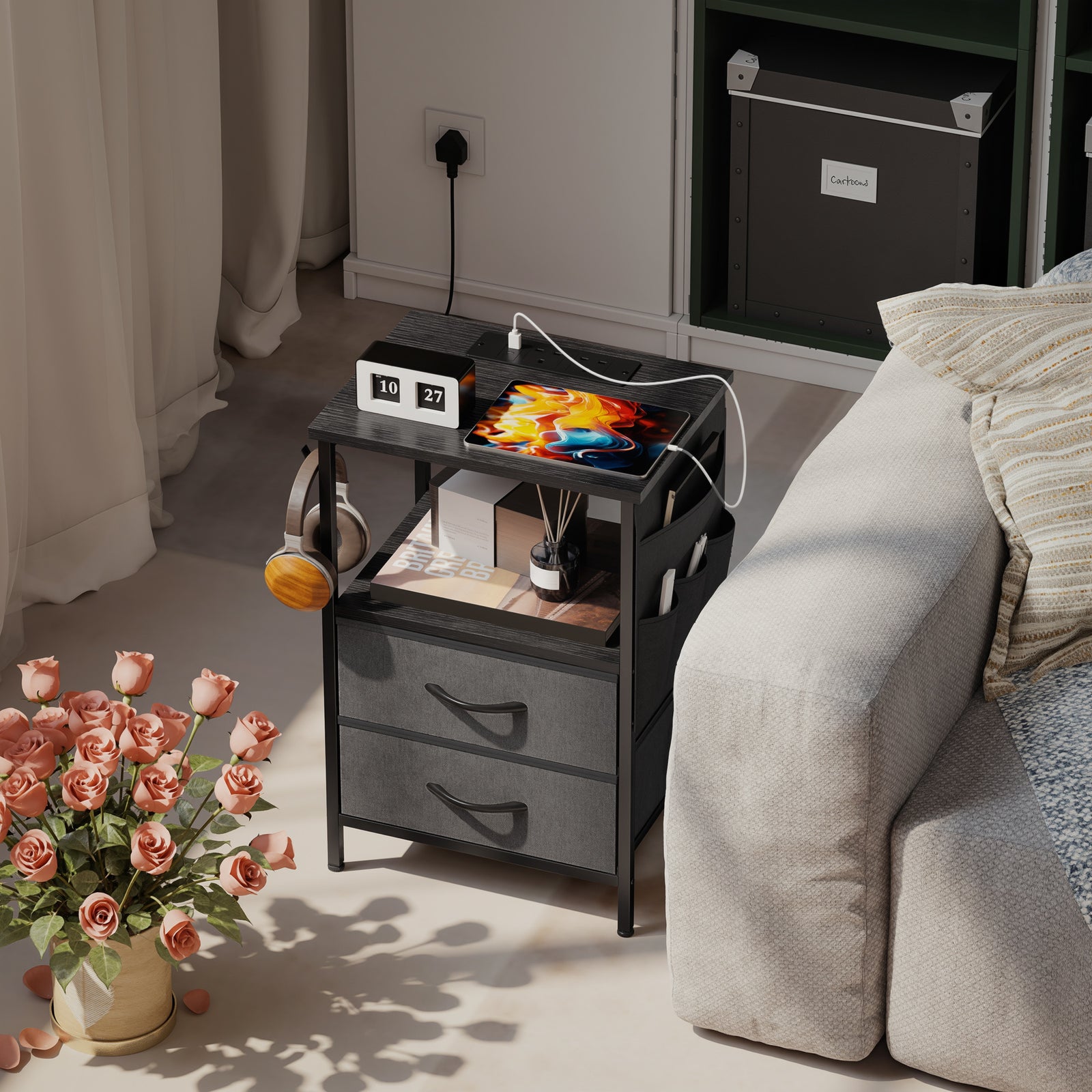 Slim Side Table With Charging Station, Bedside Table | Black