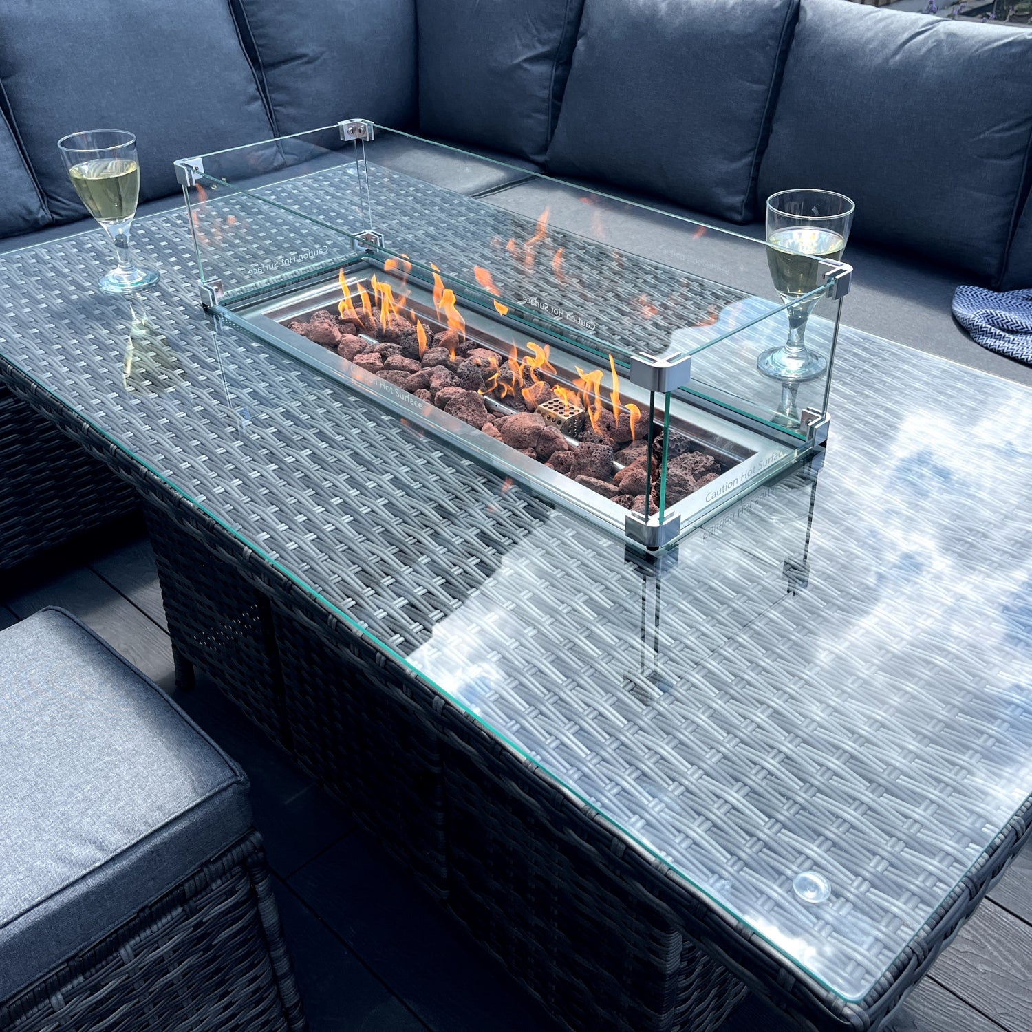 The Croft 8 Seat Corner Gas Firepit Rattan Dining Set | Dark Grey