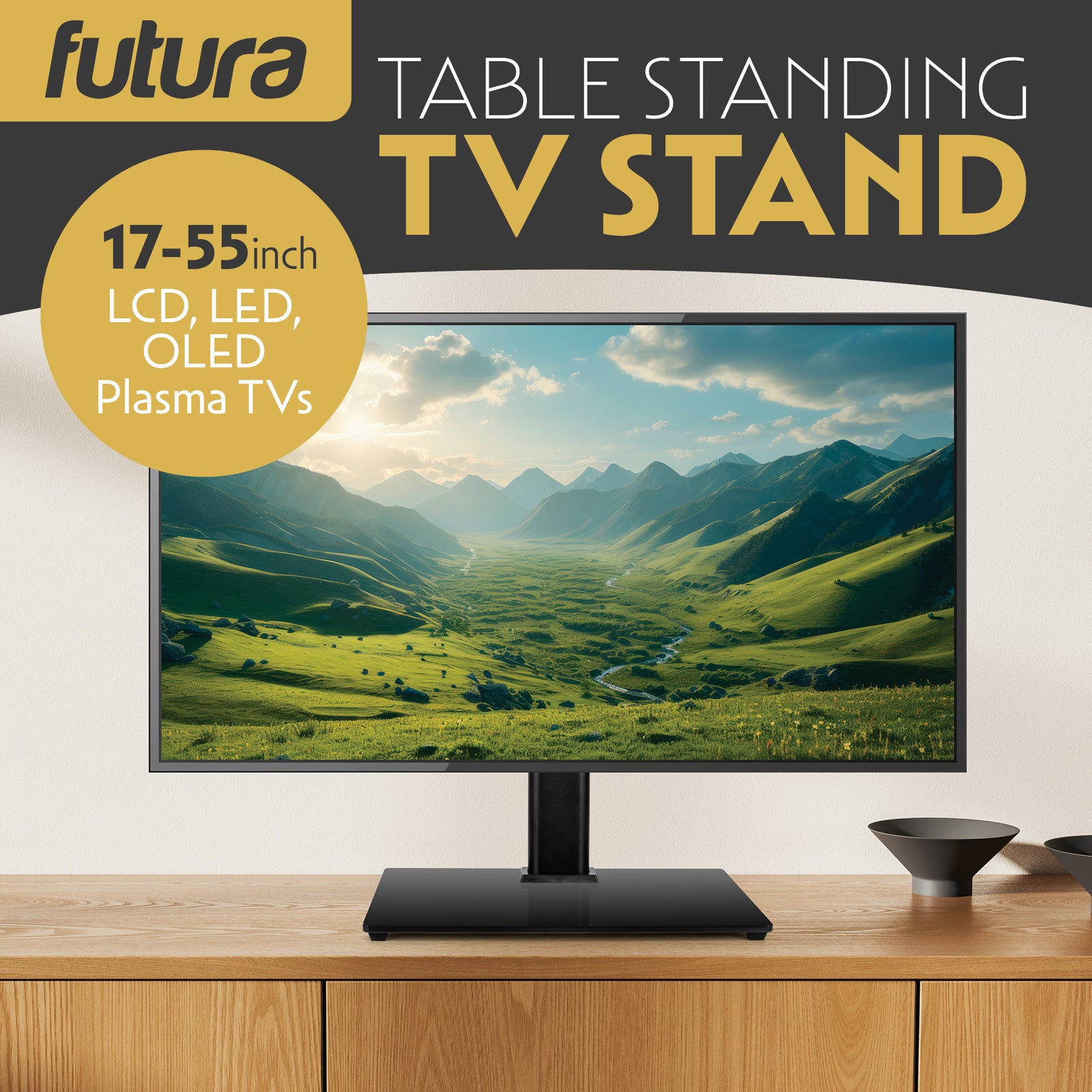 Universal Tv Stand 17 To 55 Inch Tvs, Swivel, Rotation & Height Adjustable, 20kg Load, Max Vesa 200x200mm Glass Base