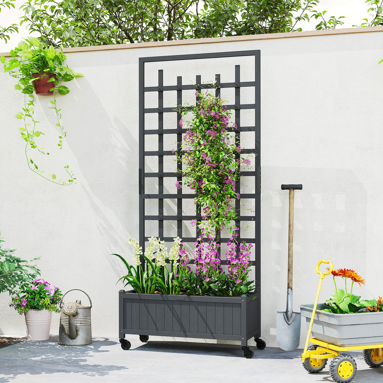 Wooden Trellis Planter Raised Garden Bed With Wheels Grey