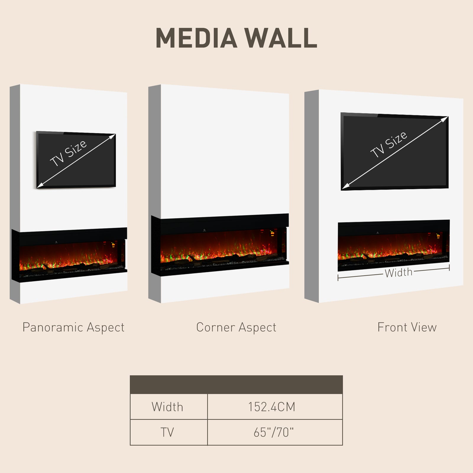 127/157cm Electric Fireplace Recessed Insert Wall Mount | Large | Black