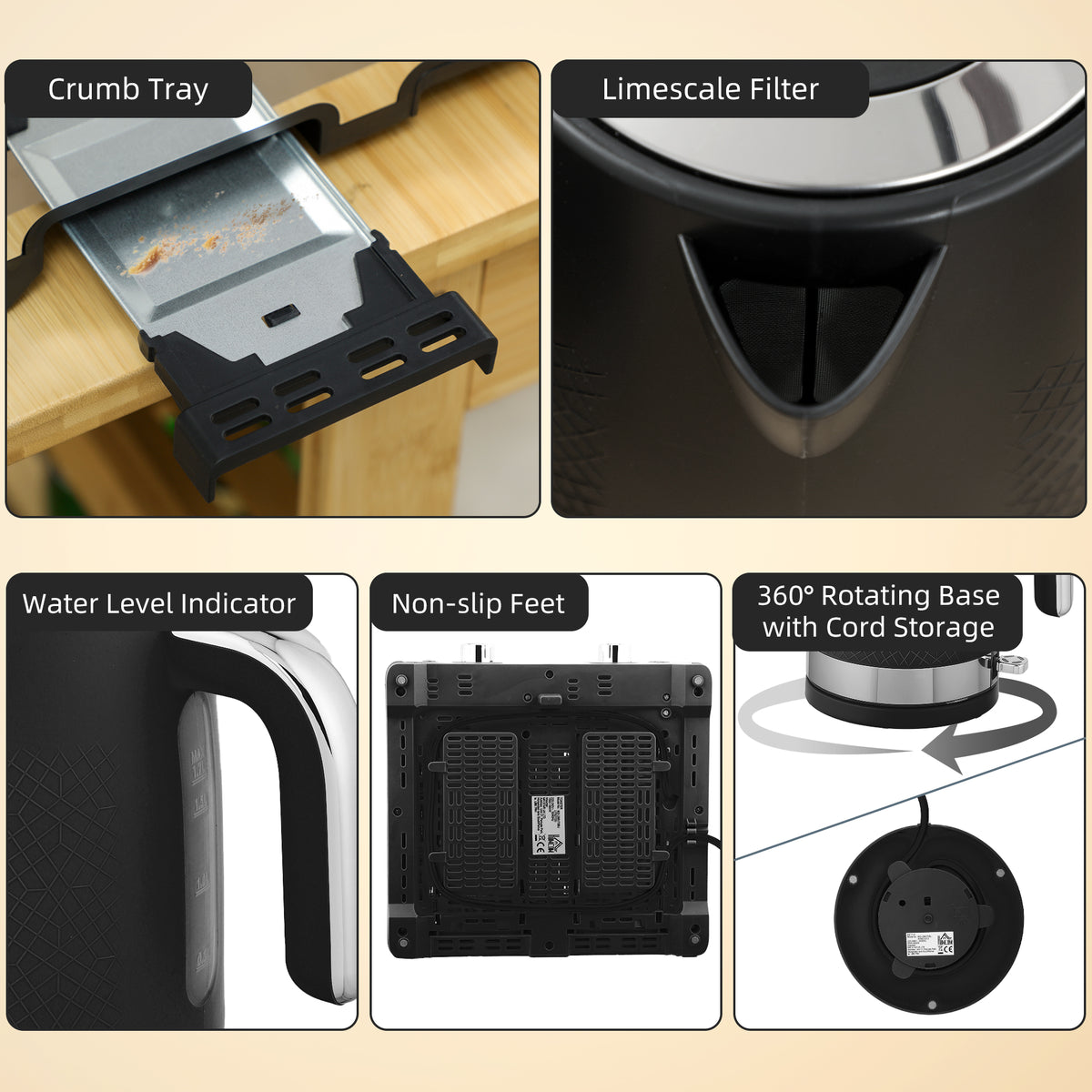 Kettle And Toaster Set With 3000w Rapid Boil, 4 Slice Toaster | Black
