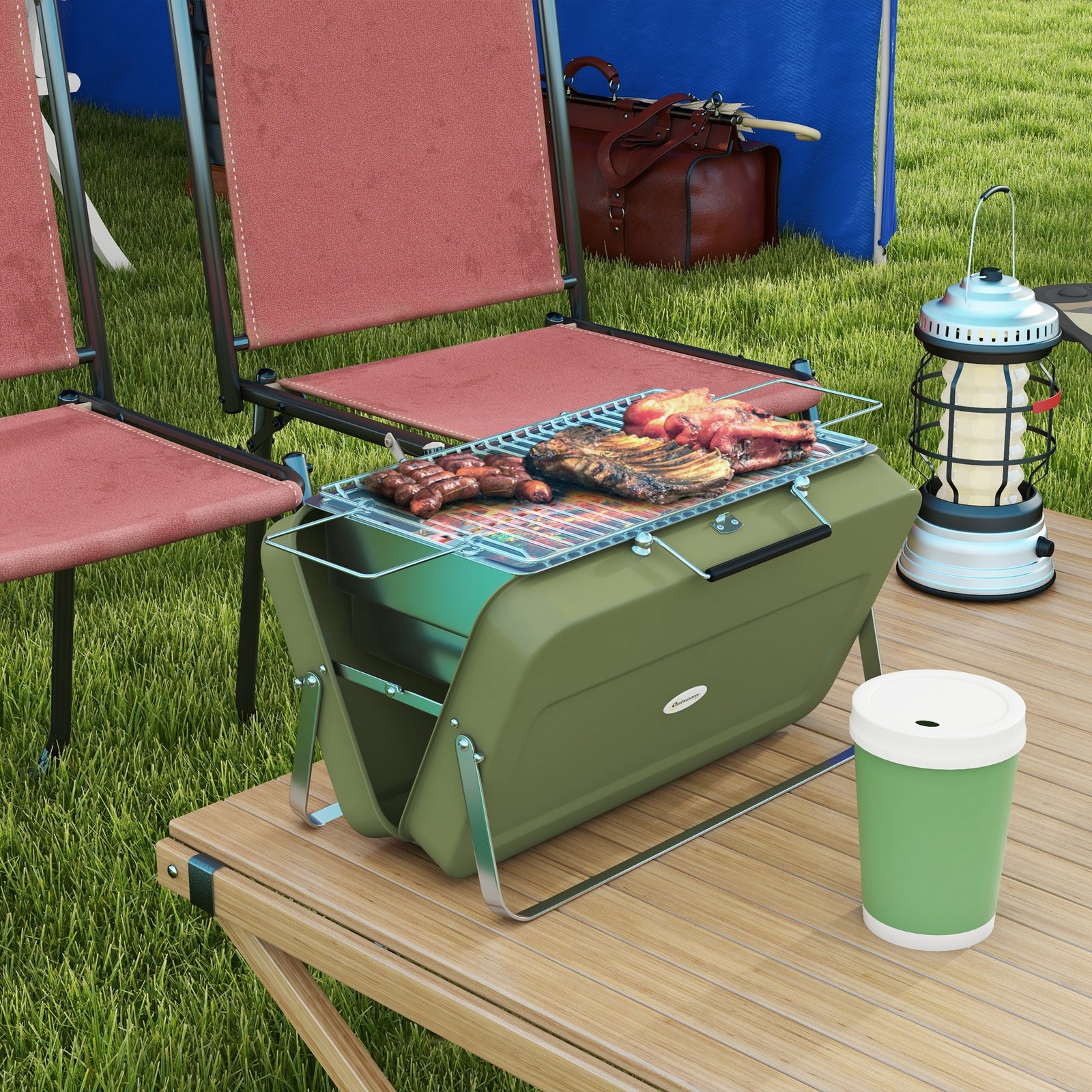Charcoal Bbq, Portable Trolley, W/ Lid, Chimney