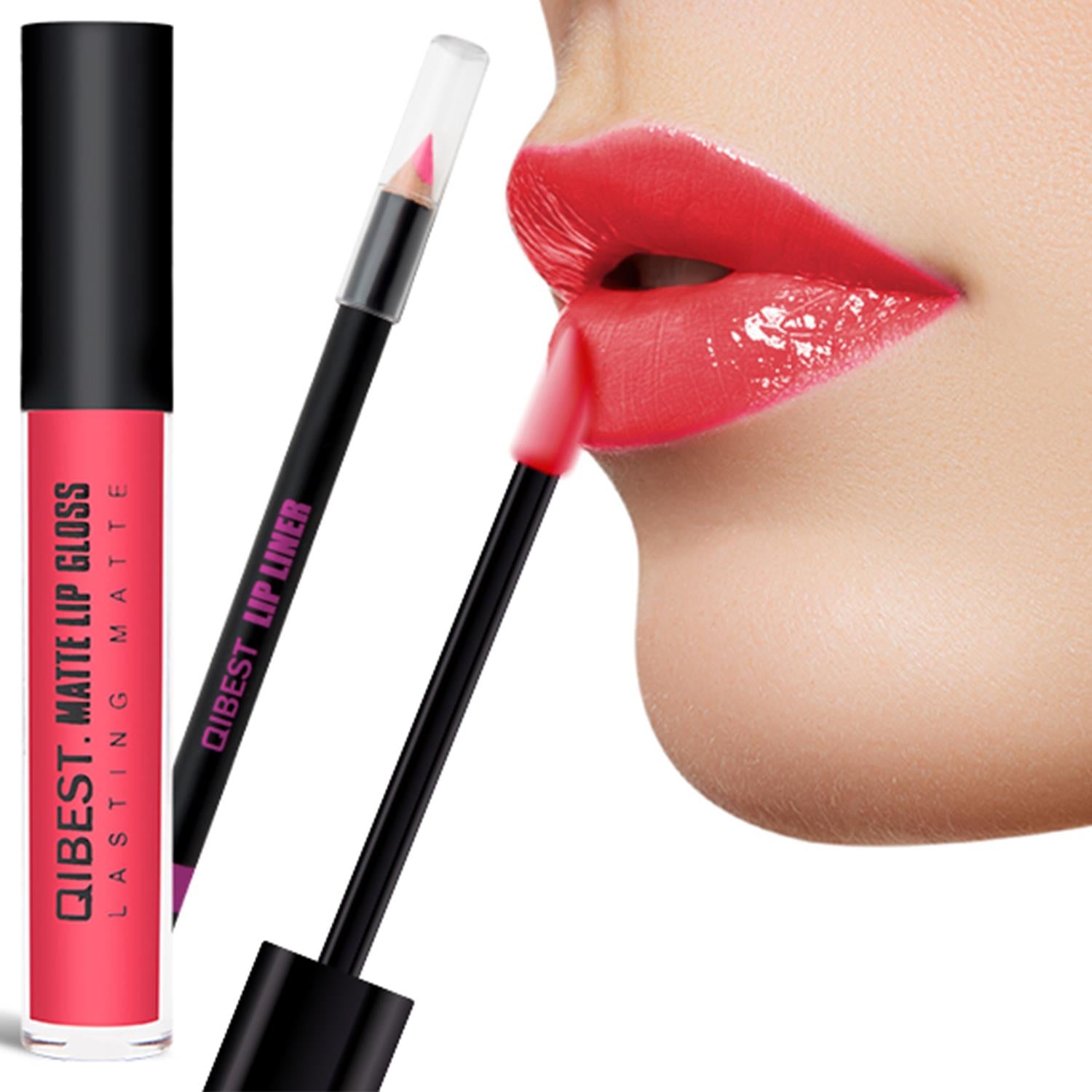 Qibest Matte Liquid Lipstick Bright Pink Lip Gloss Liner Waterproof Pro