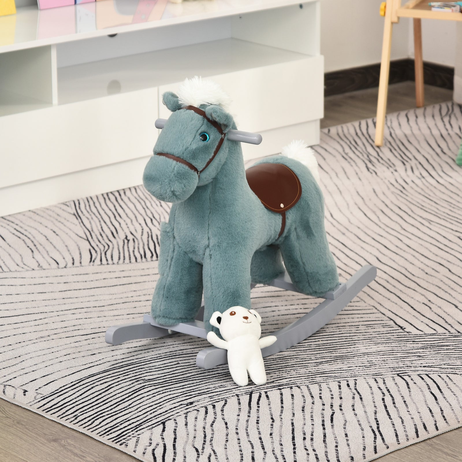 Kids Plush Ride-on Rocking Horse With Plush Toy Sound Handle Grip | Blue