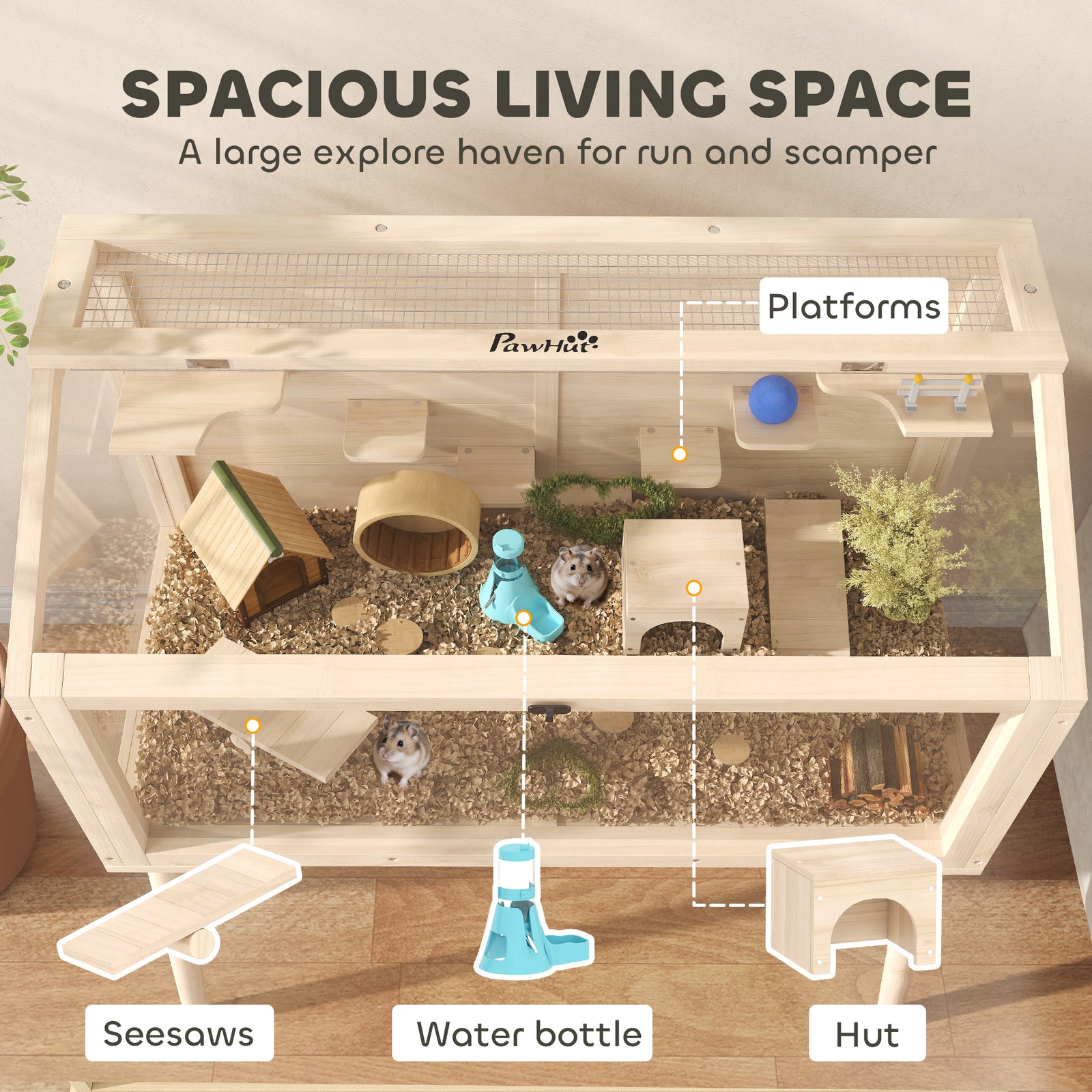 Wooden Hamster Cage, Gerbils Cage With Openable Top And Seesaws