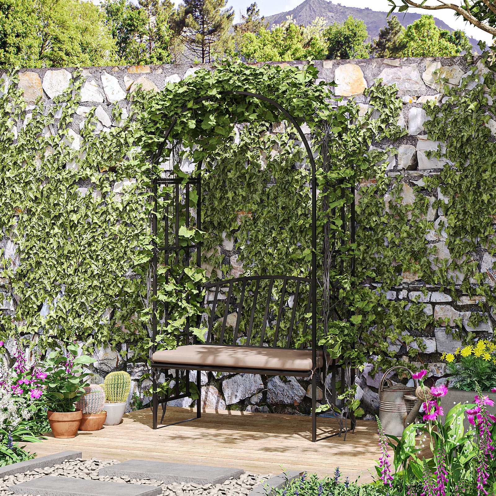 Garden Arbor Arch Metal Bench Padded
