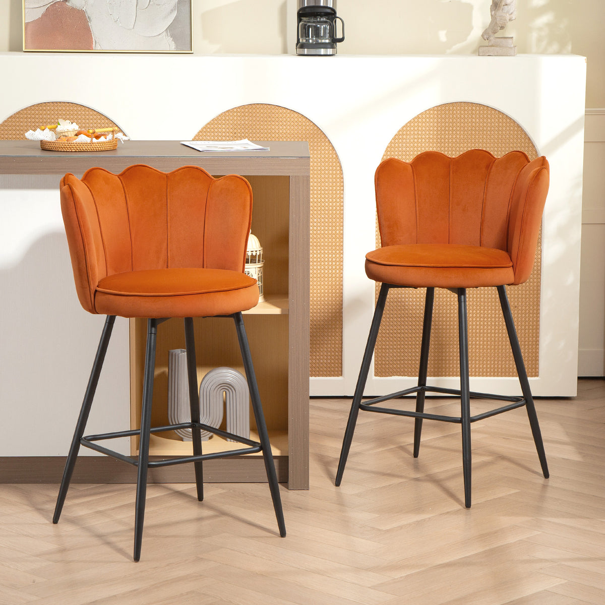Barstool With Petal Backrest For Kitchen Island | Set of 2 | Orange