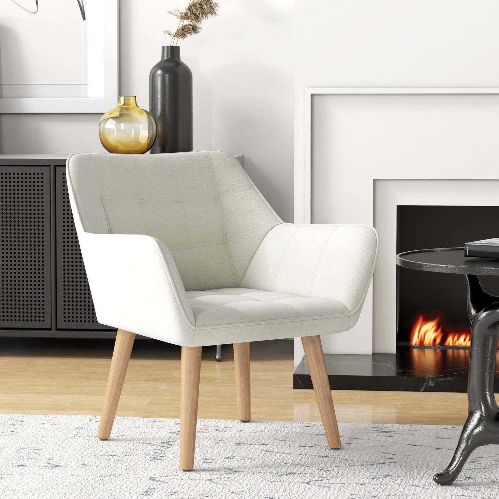 Velvet-feel Accent Chair With Arms Slanted Back Wood Legs | One Size | Cream