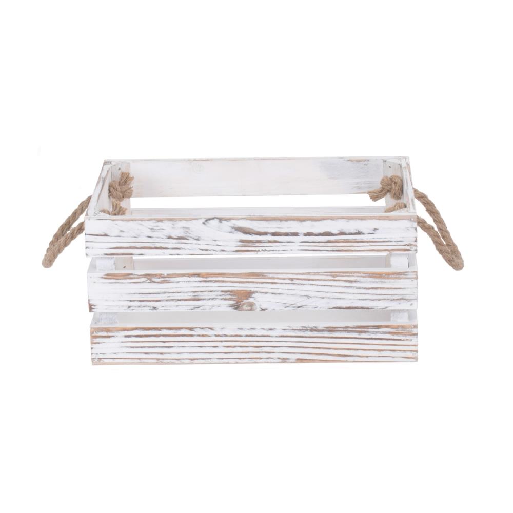 Distressed White Rope Handled Wooden Crate | Medium | White