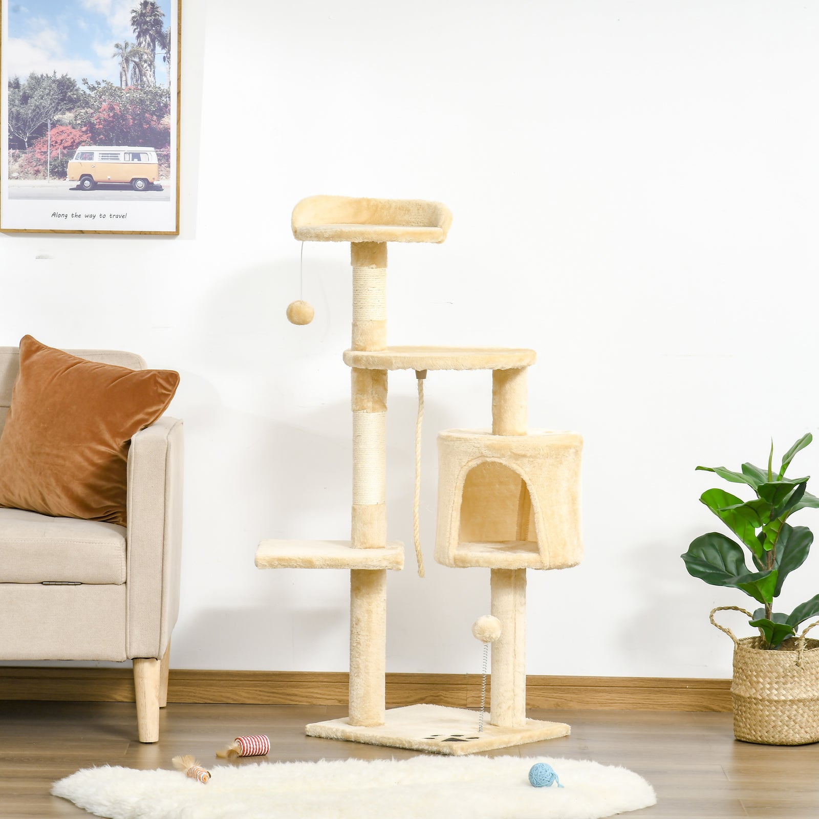 Cat Tree Activity Centre Scratching Post With Toys 4-tier Beige 114cm