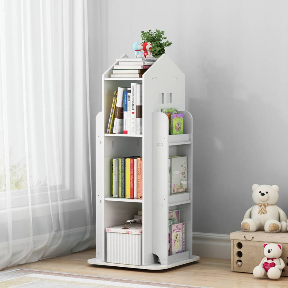 360°rotating Kids' Bookshelf Wooden House Frame Book Storage Organizer For Children | White