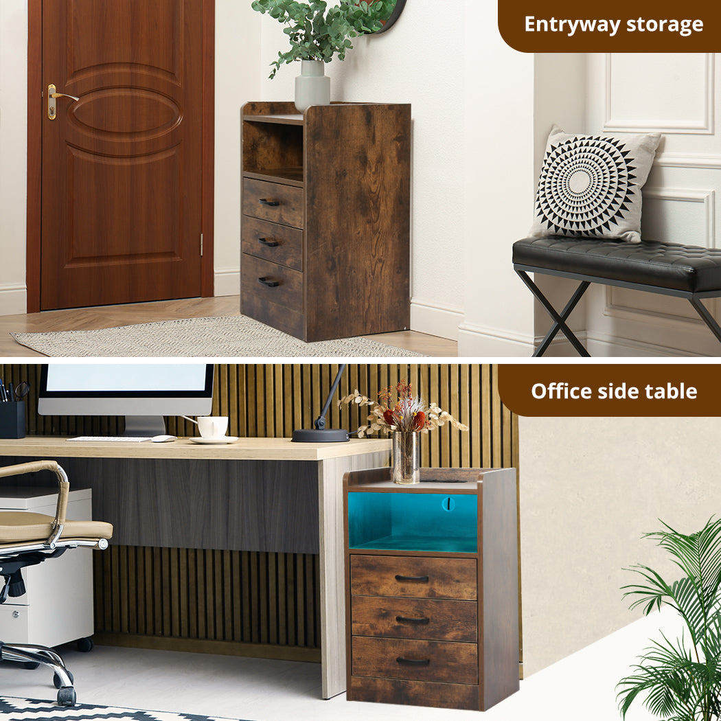 Bedside Table Nightstand Usb Charger Outlet Rgb Led 3 Drawers Oak | Oak