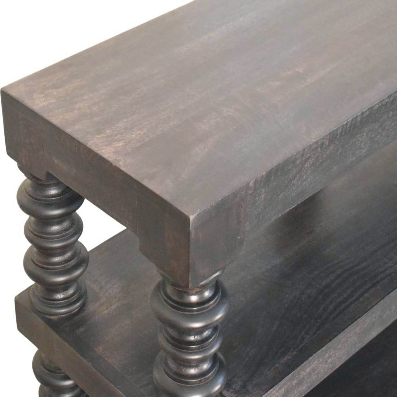 Spindle Shelf Console In Carbon Ash, 2 Open Shelf, Black Brown