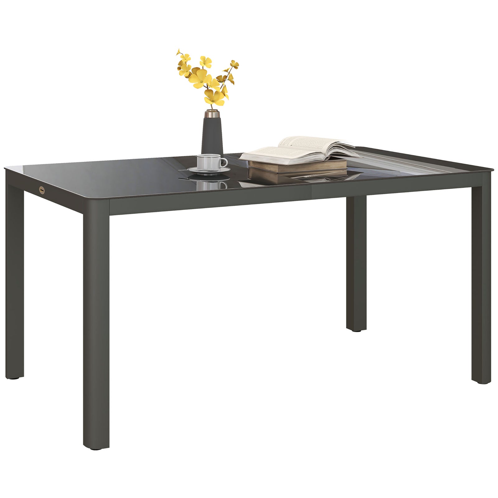 Outdoor Dining Table With Glass Top, Aluminum Frame, Grey