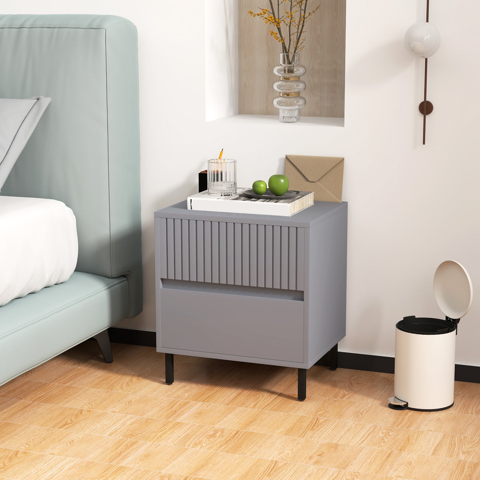 Bedside Table With 2 Drawers And Steel Legs For Bedroom | One Size