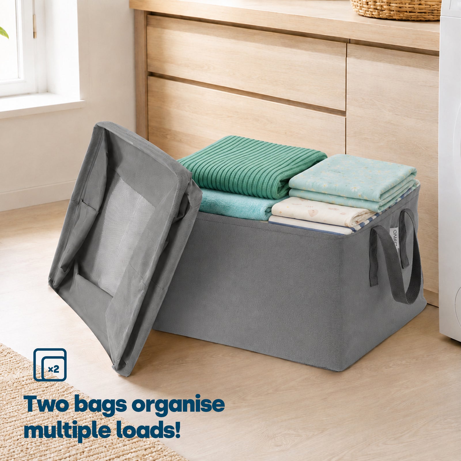 Collapsible Laundry Bags 2 Pack 35l Fabric Storage Baskets With Handles | Grey