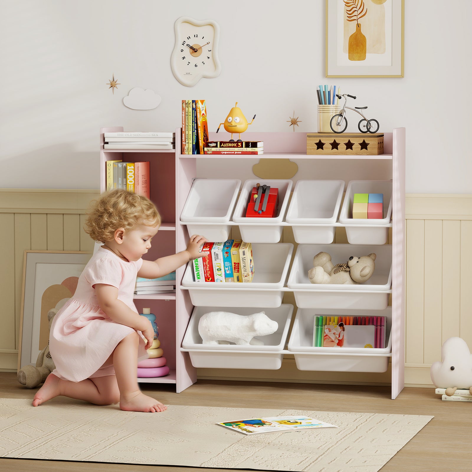 Toy Storage Unit With 8 Removable Bins, Storage Shelves, Cabinet | Pink