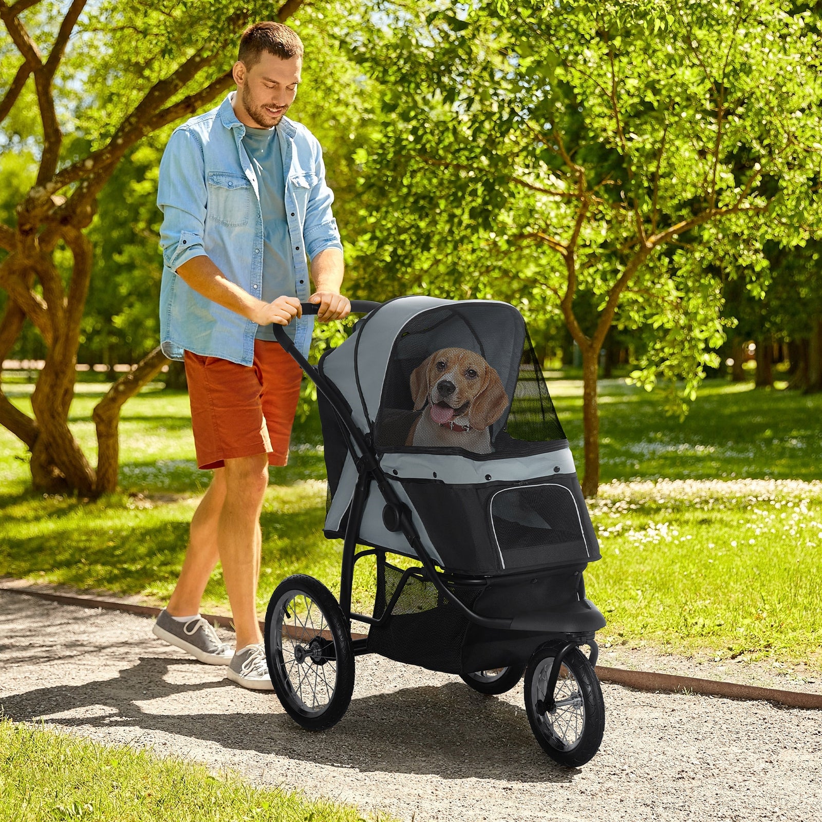 3 Wheel Pet Stroller, For Medium Small Dogs, Foldable Cat Pram | Gray
