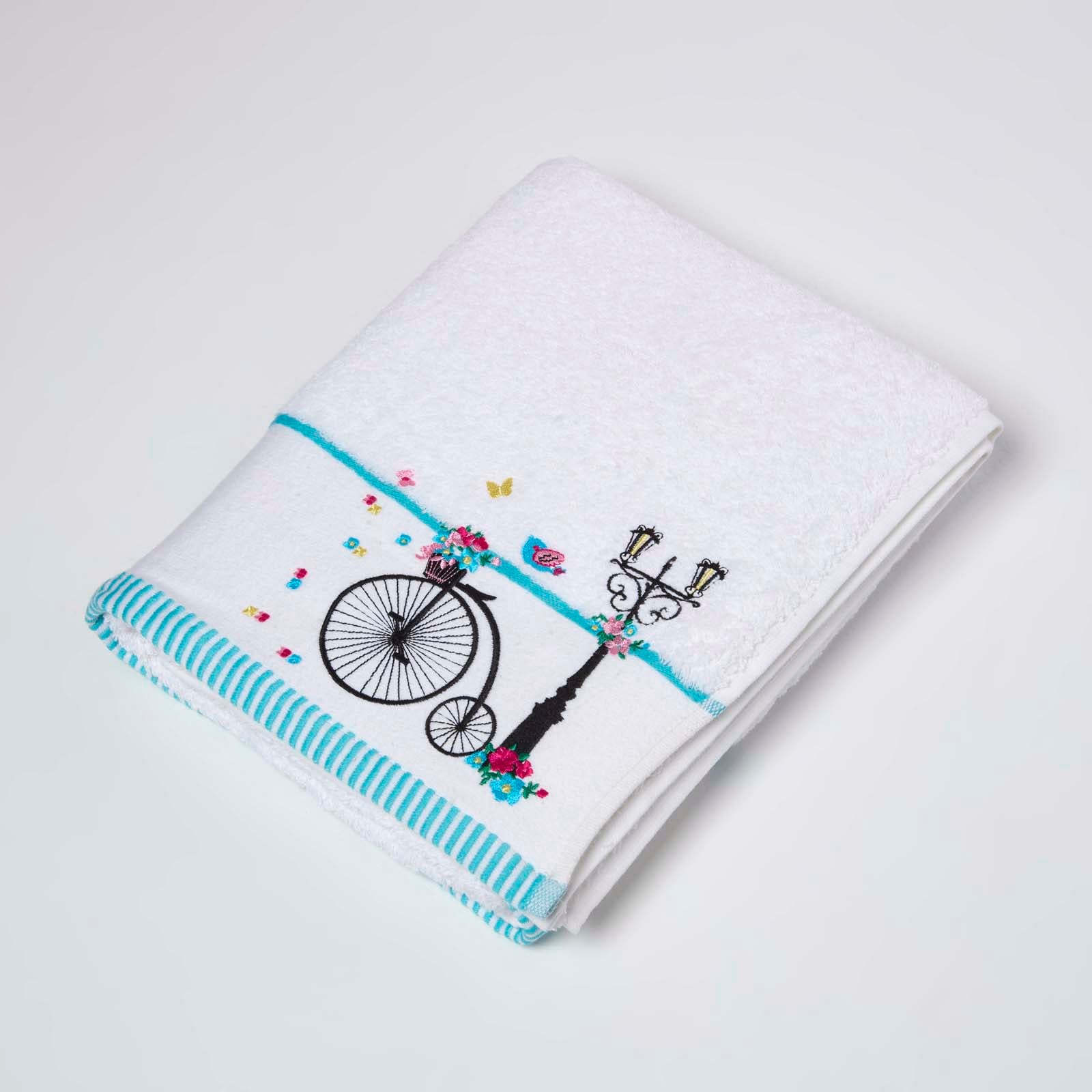 Turkish Cotton Embroidered Bicycle White Towel | Bath Towel | White