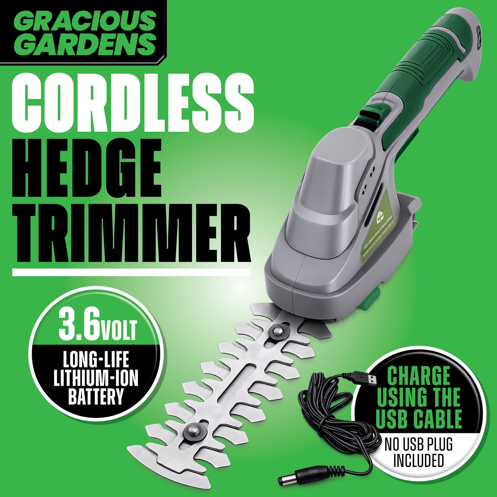 Cordless Handheld Hedge Trimmer 2 In 1 3.6v Li Ion Rechargeable Battery