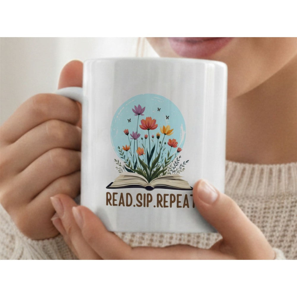 Dyzi Read Sip Repeat Quote Ceramic Mug White For Book Lovers