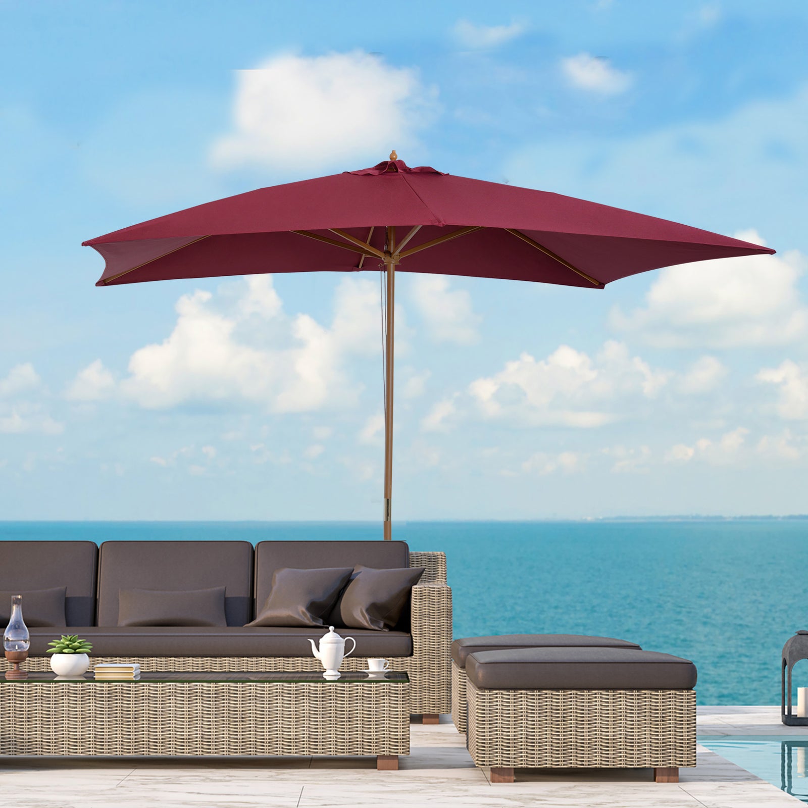 Wooden Garden Parasol Sun Shade Outdoor Umbrella Canopy | Red
