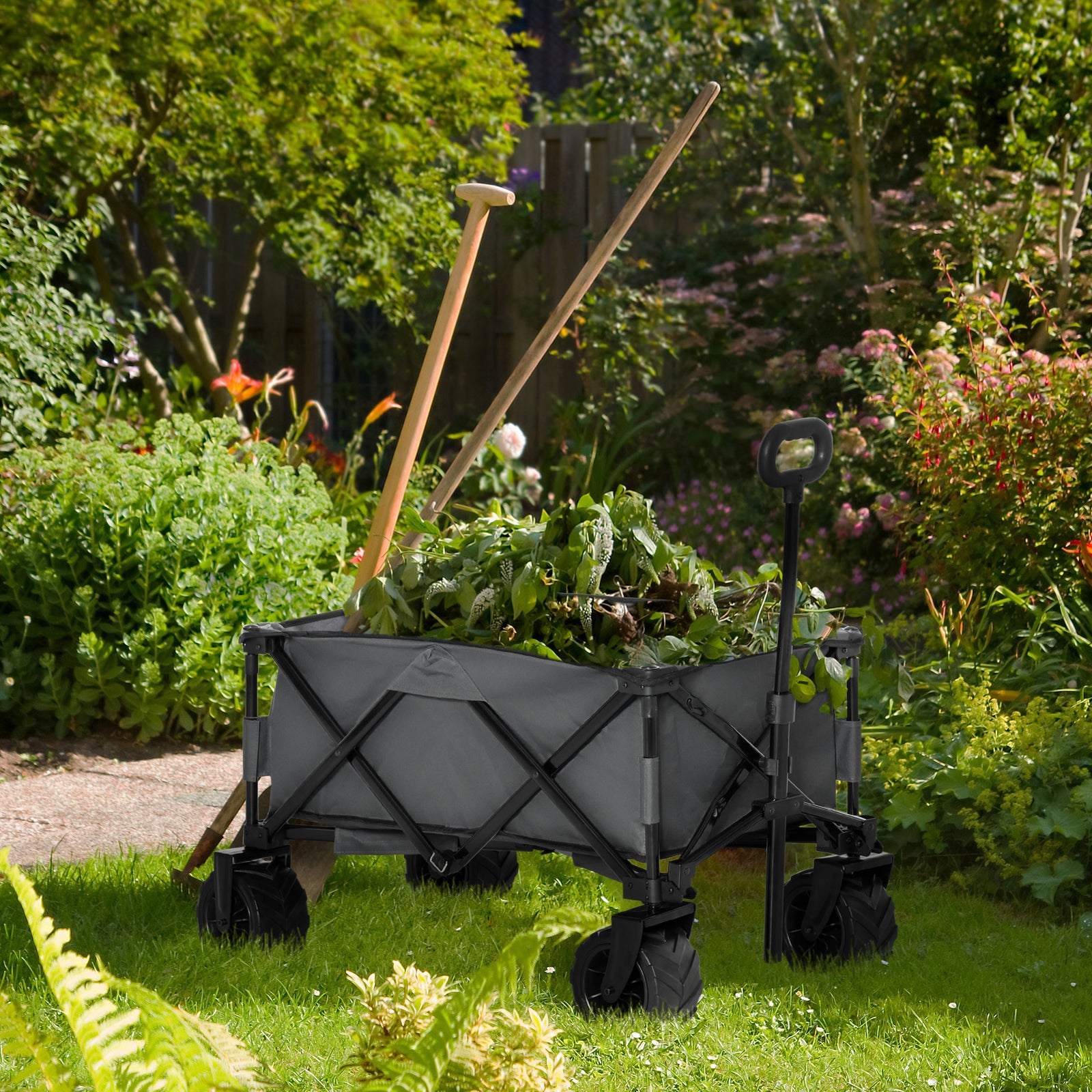 Outdoor Pull Along Folding Garden Trolley For Beach Camping | Dark Gray