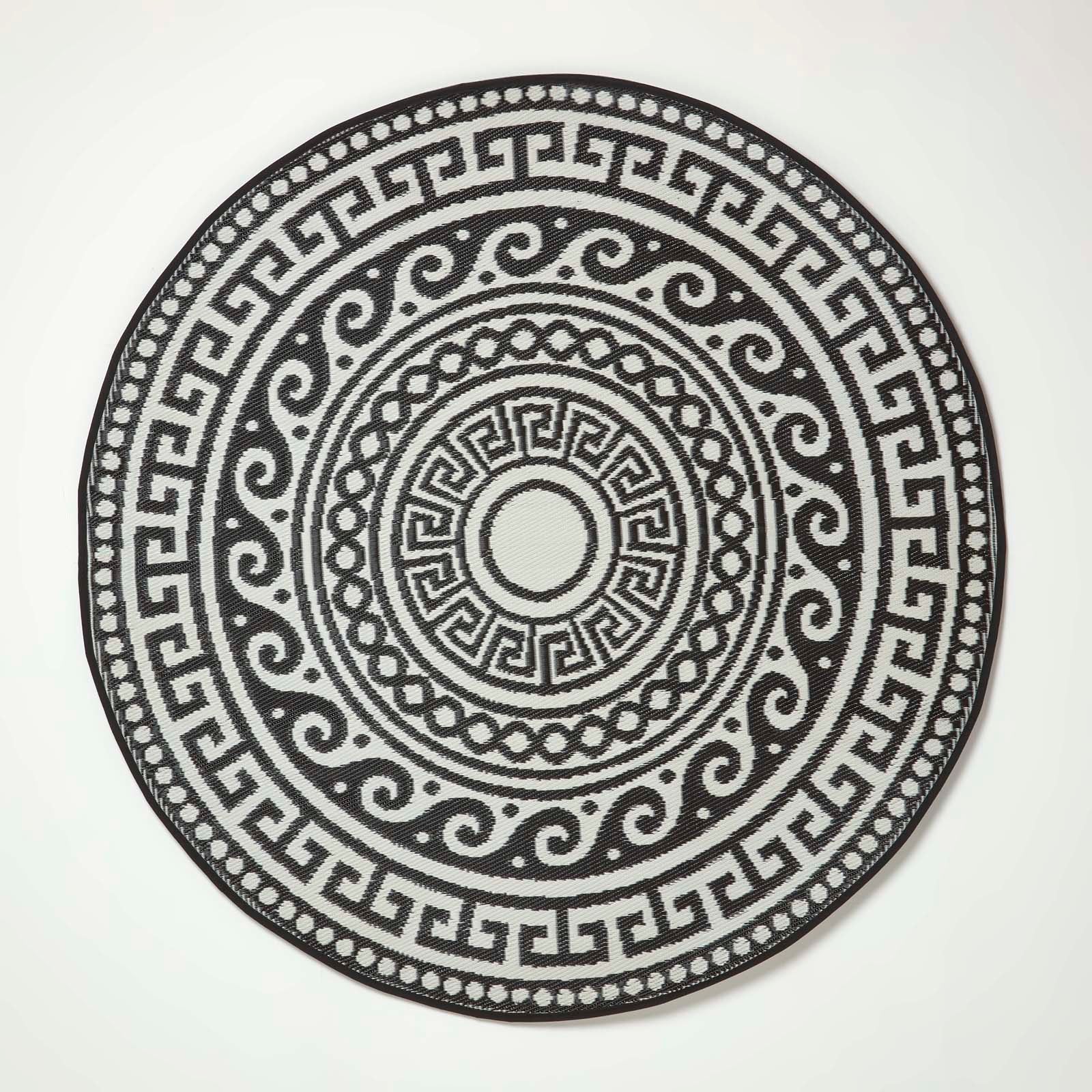 Luxury Outdoor Rug Waterproof Reversible Round For Garden Patio 100% Recycled, Black Enid Aztec