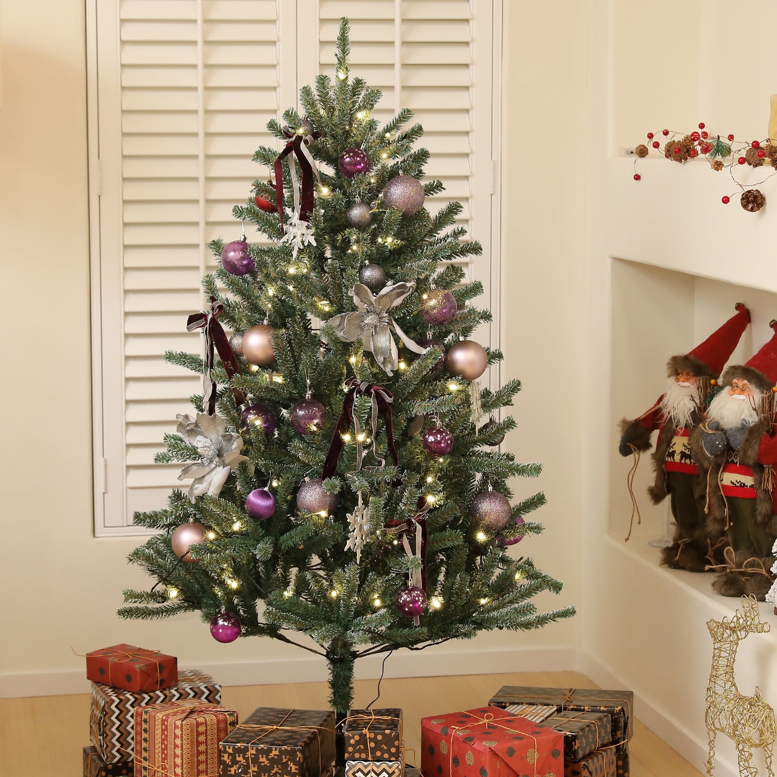 5ft Artificial Prelit Christmas Tree W/ Led Lights, Purple Ornaments | 5ft | Green