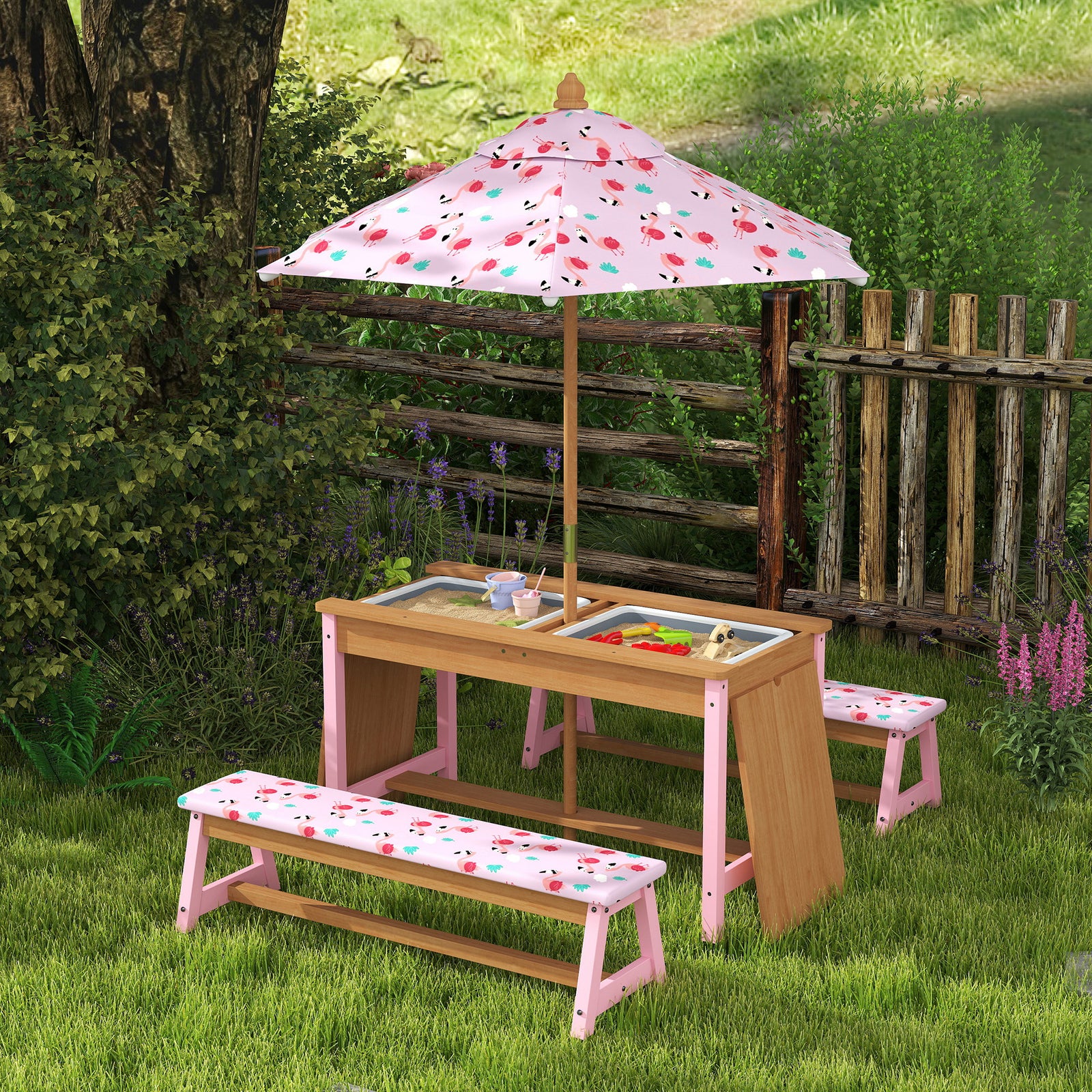Kids Picnic Table, Garden Table And Bench Set W/ Umbrella, Boxes, Pink