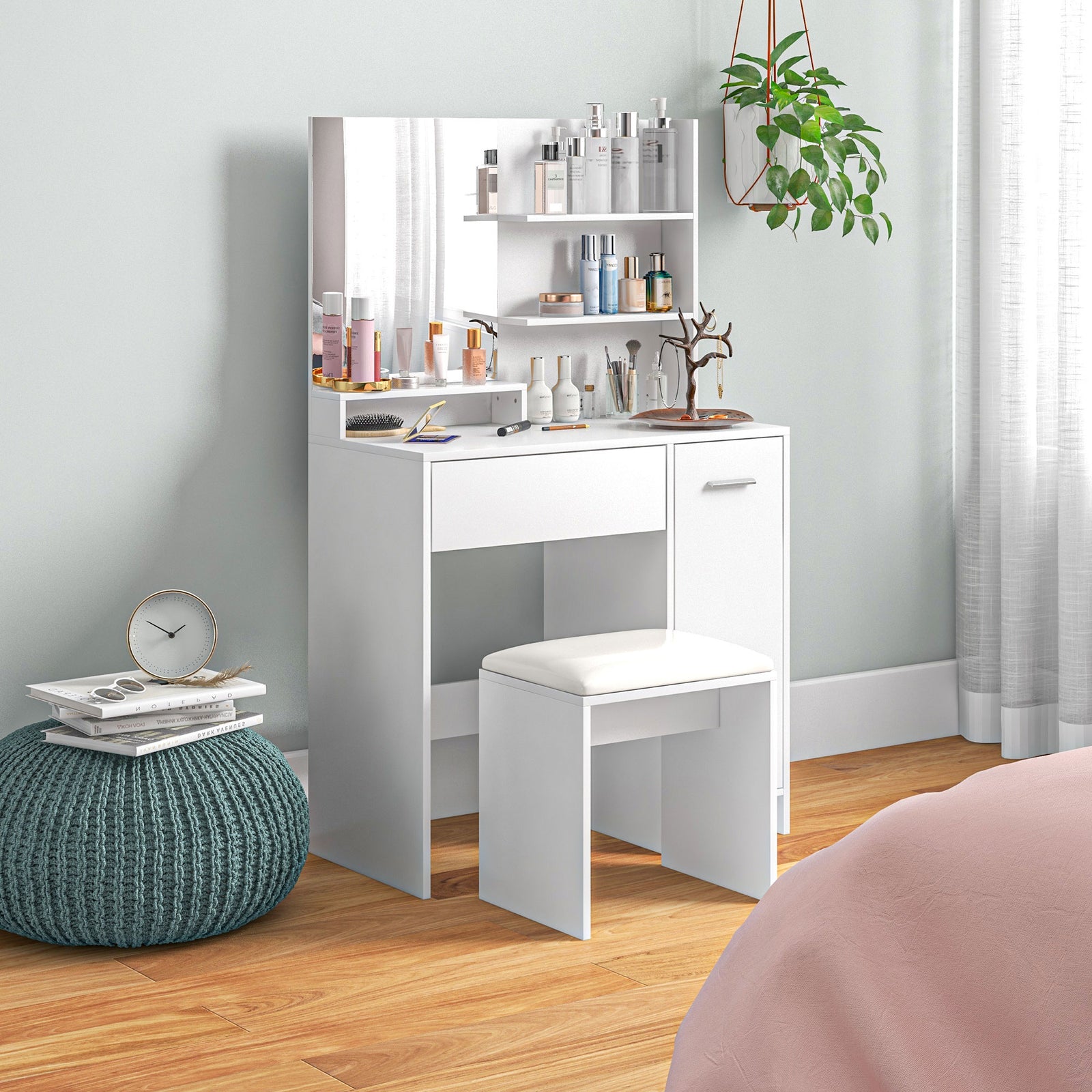 Dressing Table With Mirror And Stool, Makeup Desk