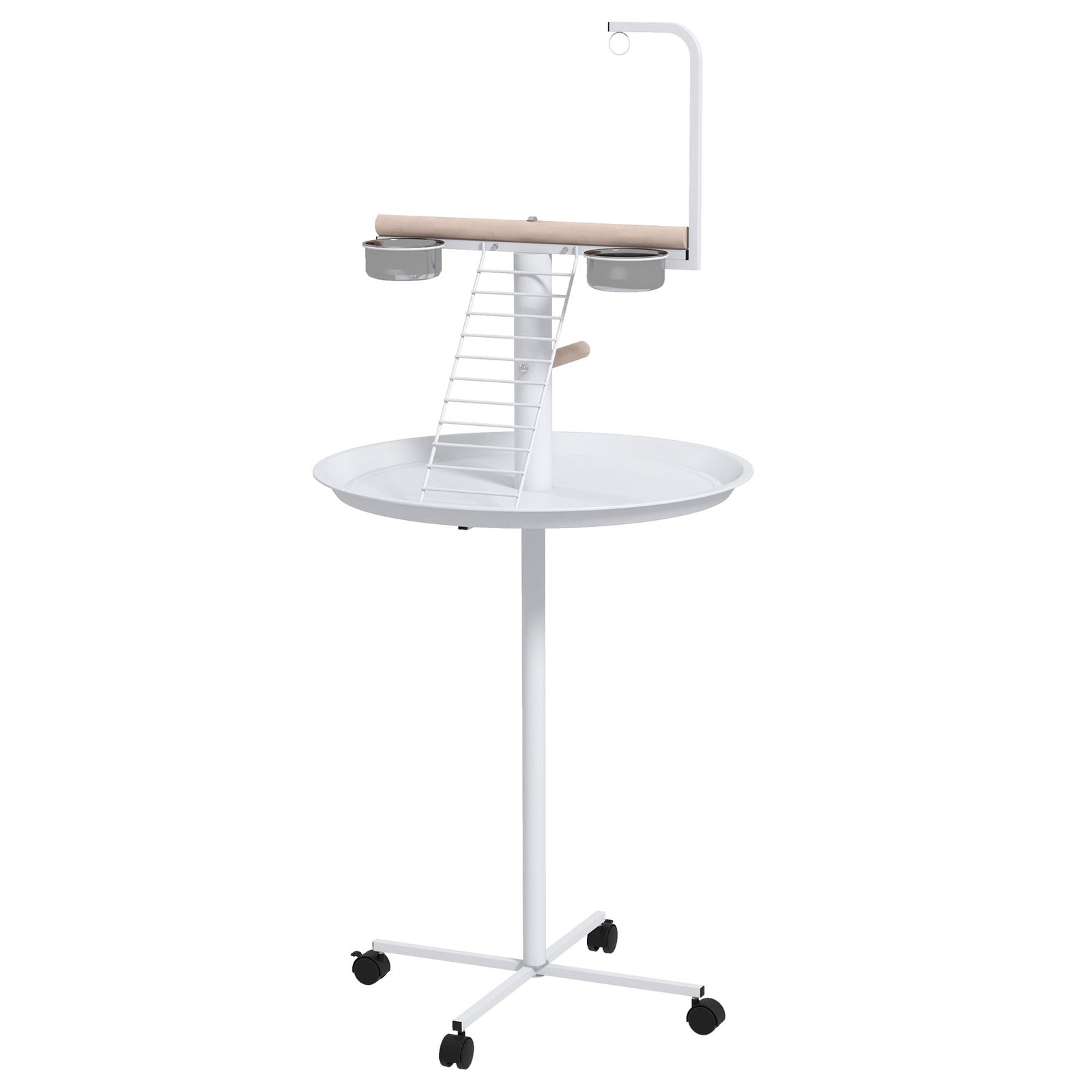 Pawhut Bird Table With Four Wheels, Perches, Stainless Steel Bowls, Round Tray