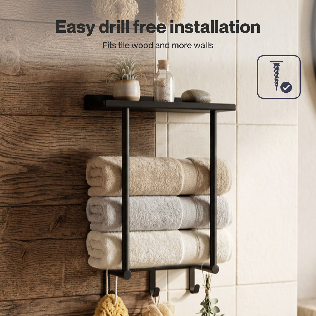 Towel Rack Wall Mounted Shelf Bathroom Storage Holder With Hooks Black | Black